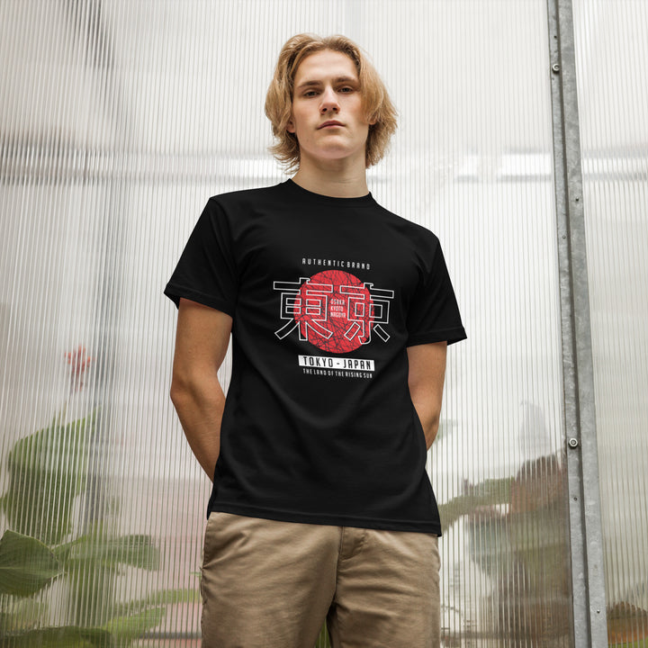 Outdoor pose in black Empulse® Tokyo Japan Heritage streetwear tee