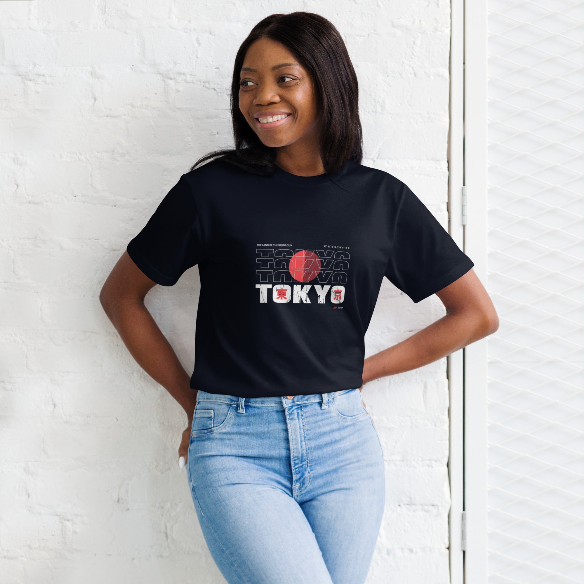 Confident female pose wearing Empulse® Tokyo, Rising Sun t-shirt