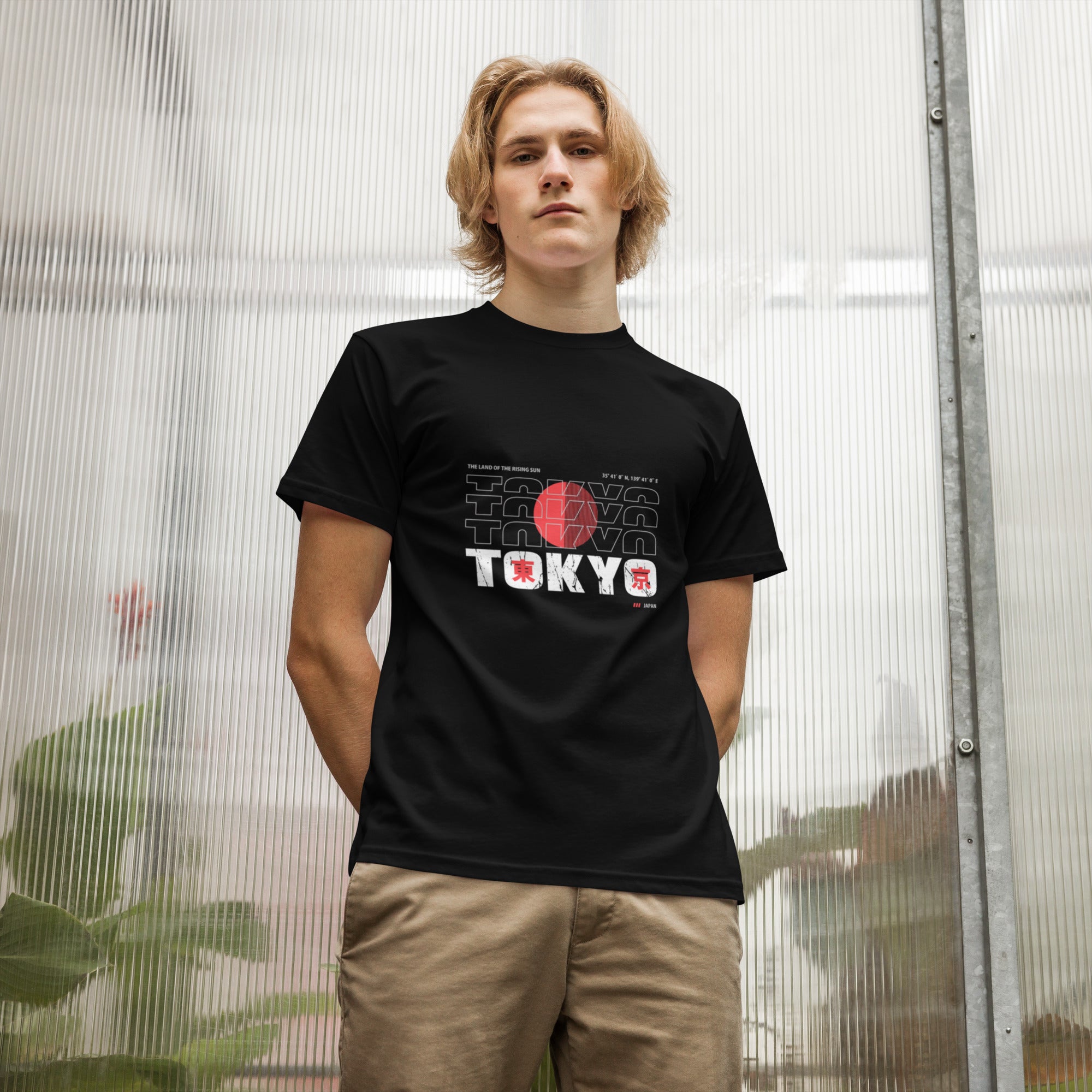 Model wearing Empulse® Tokyo, Rising Sun tee with bold red print