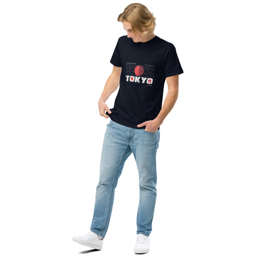 Male model walking in Empulse® Tokyo, Rising Sun streetwear tee