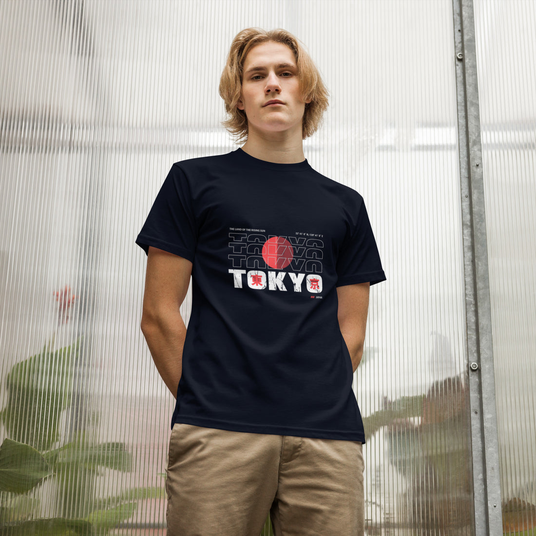 Casual seated model in Empulse® Tokyo, Rising Sun printed tee