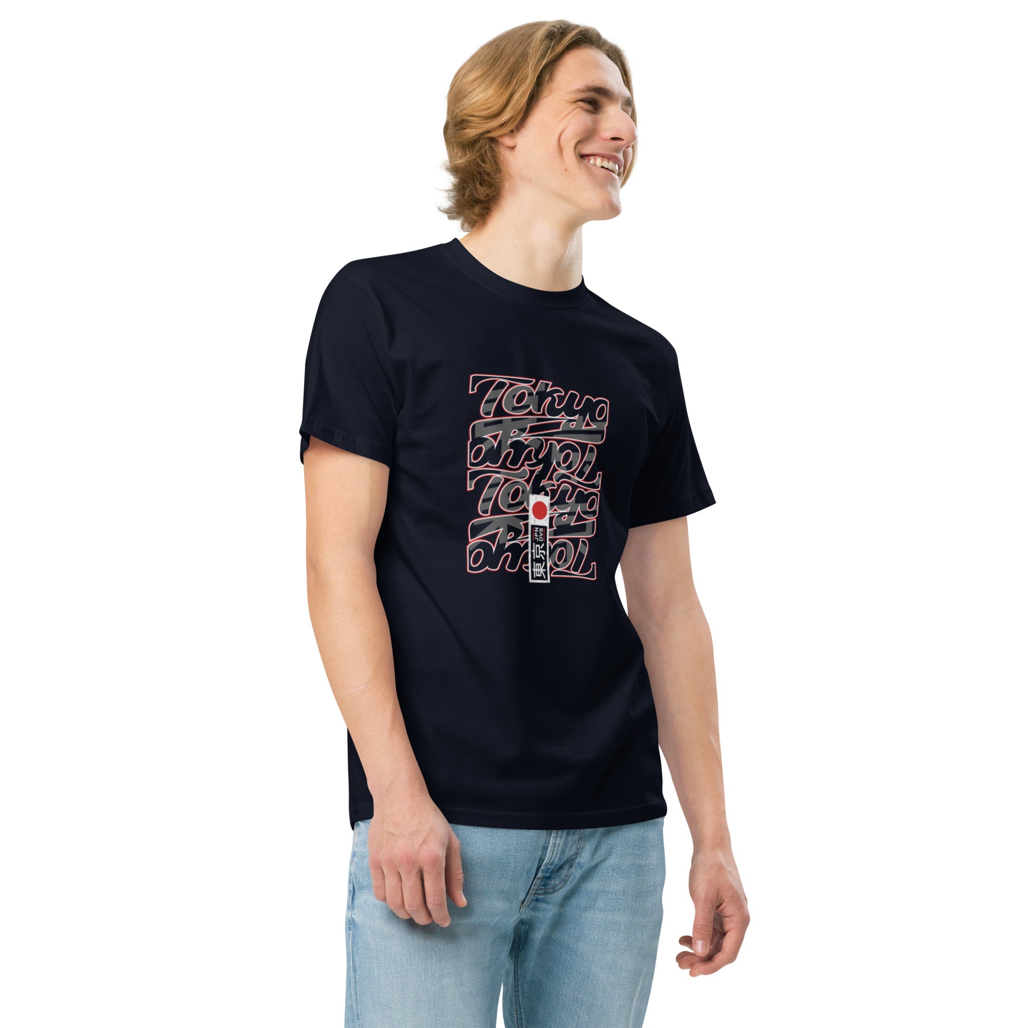 Side angle of Empulse® Tokyo Stacks Tee worn by male model outdoors