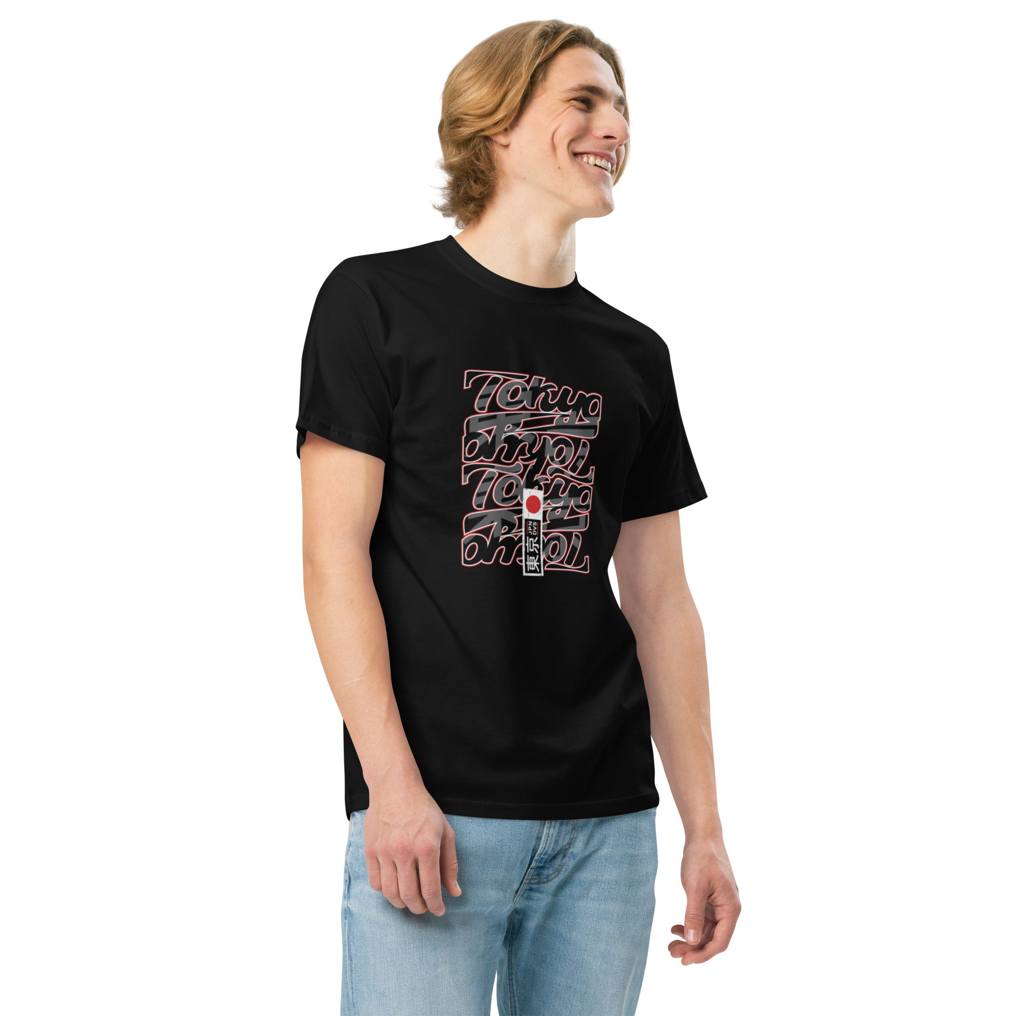 Side view of male model wearing Empulse® Tokyo Stacks Tee