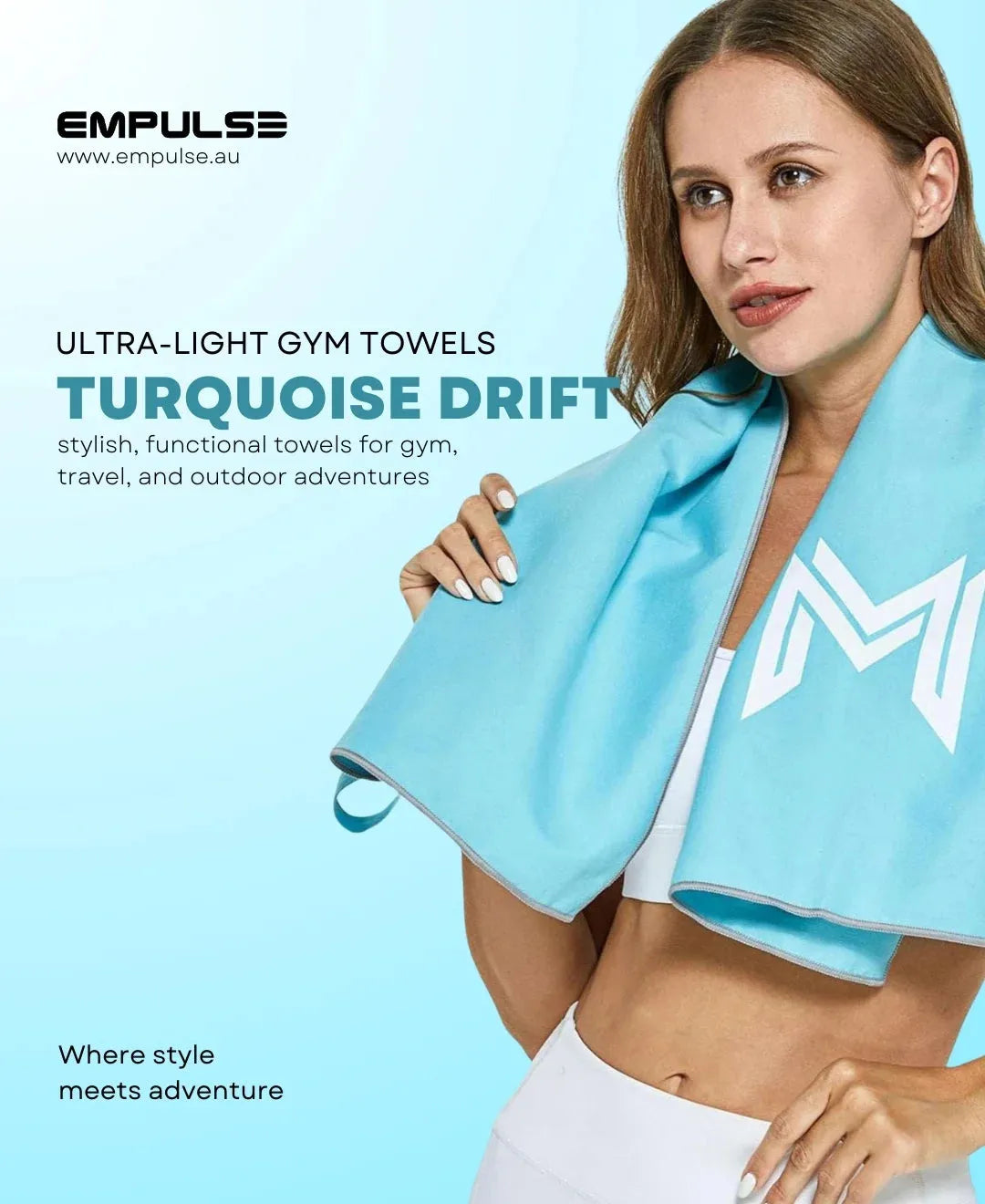 Empulse™ Turquoise Drift ultra-light gym towel promo banner with bold branding and model
