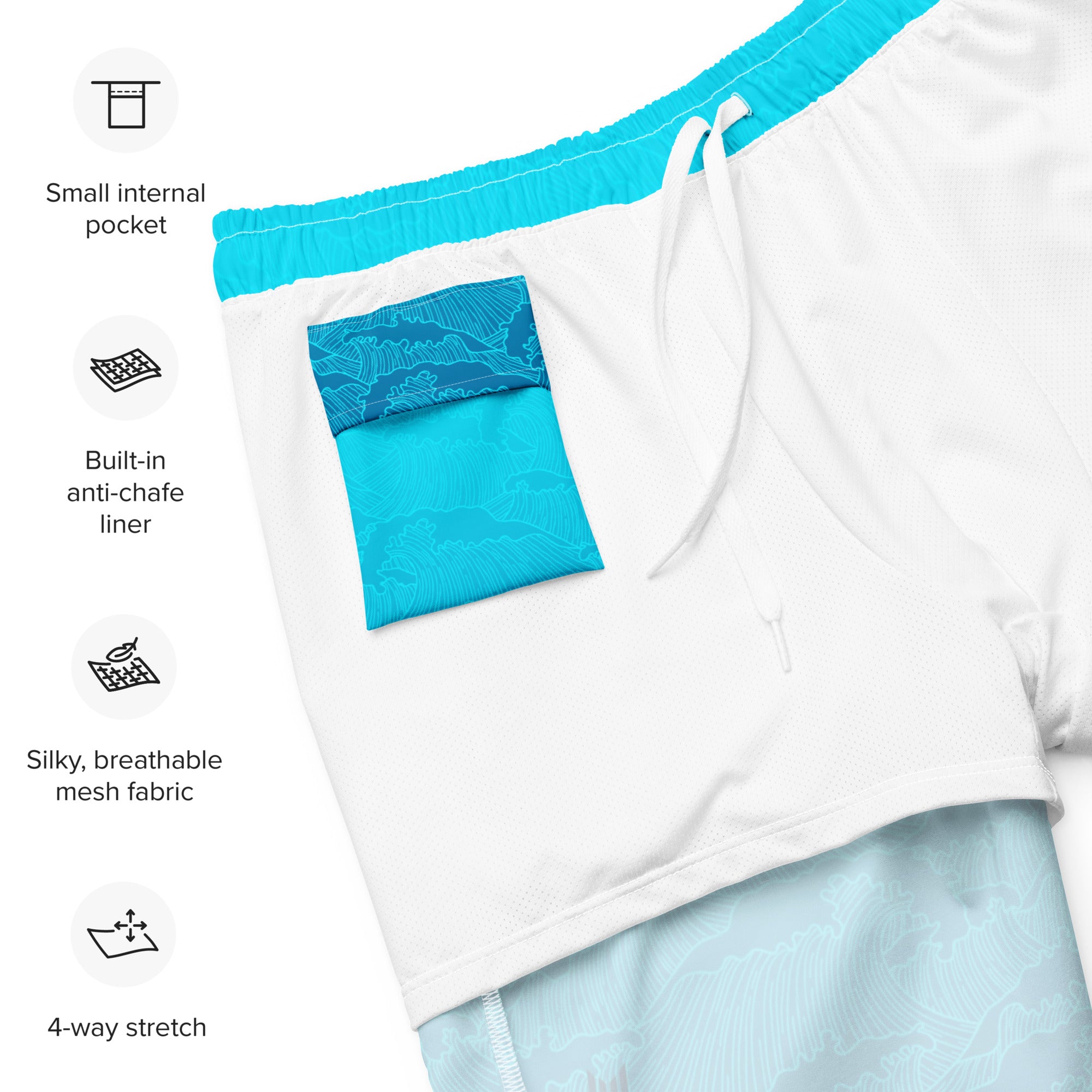 Flat lay of Empulse™ Turquoise Tides swim shorts showing internal label and waistband finish
