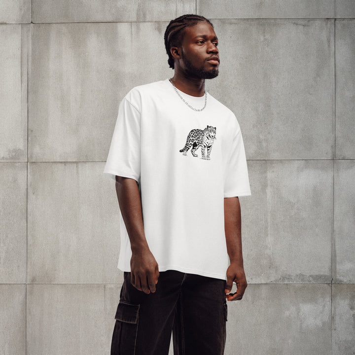 Male model wearing Empulse® Urban Streets Leopard Tee with bold animal print on chest

