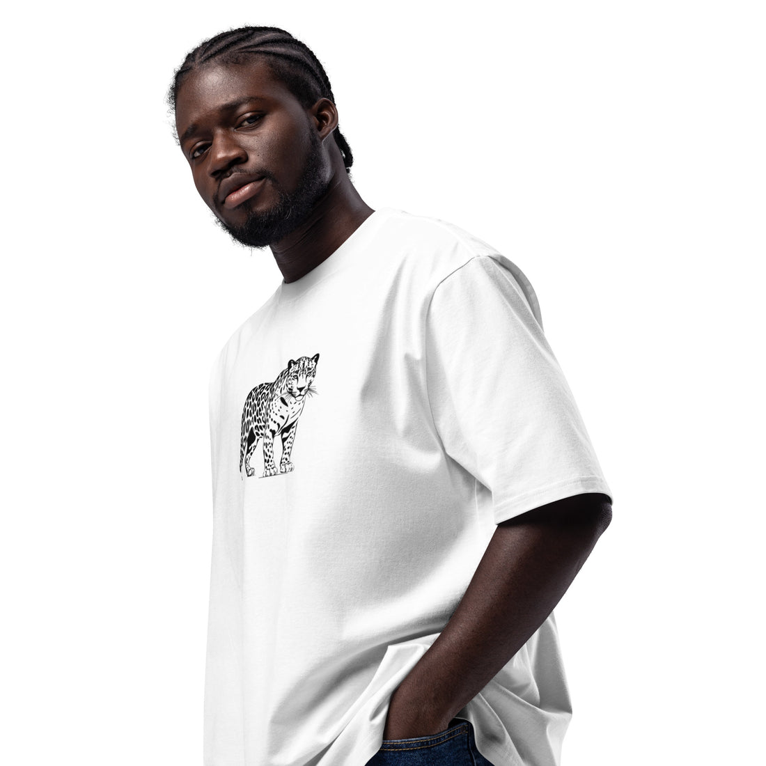 Side view of male model wearing Empulse® Urban Streets Leopard Tee