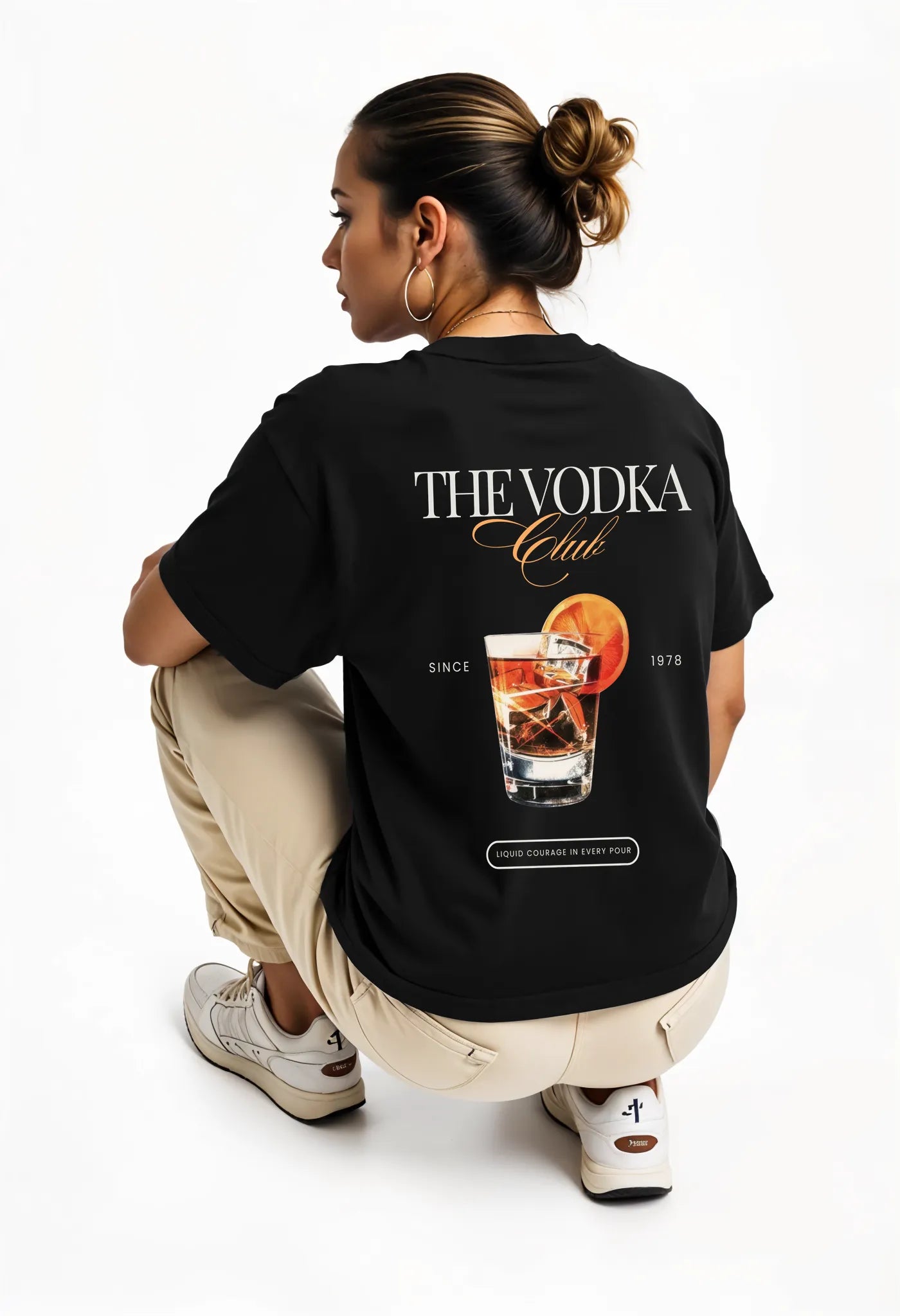 Close-up of Empulse™ Sorona black Vodka Club tee showing vibrant drink artwork and typography