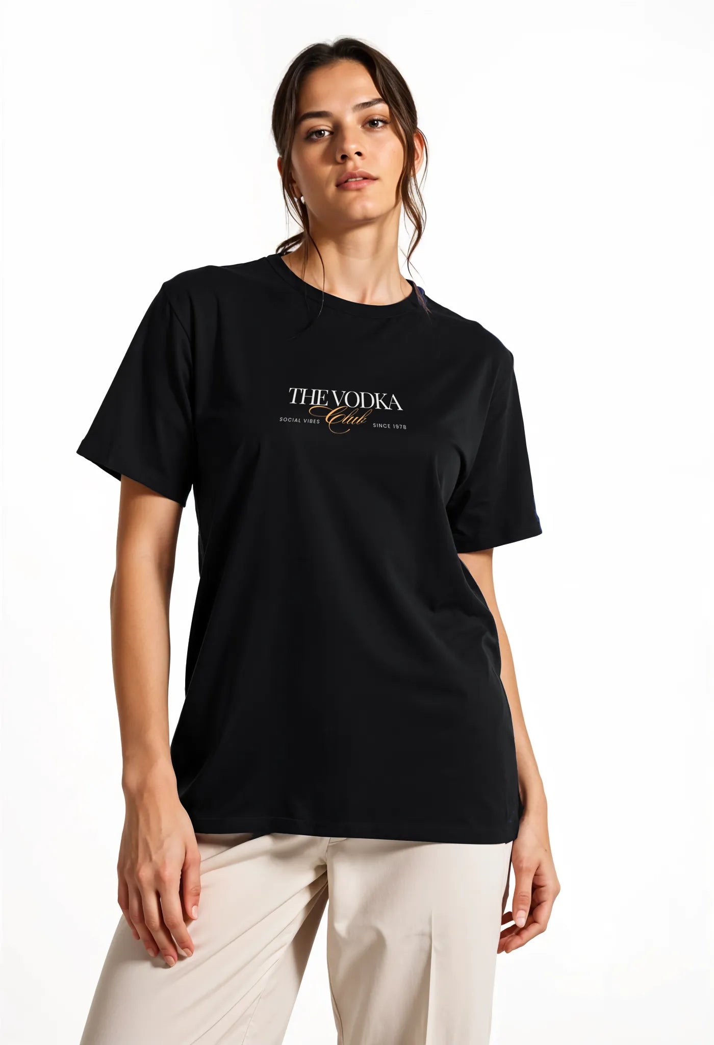 Empulse™ black Sorona t-shirt styled front-facing, showing small front logo from the Vodka Club series
