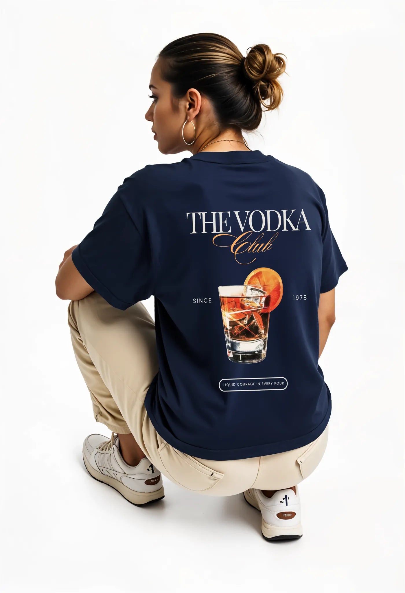 Back view of Empulse™ Vodka Club tee in navy with premium drink glass artwork and elegant script
