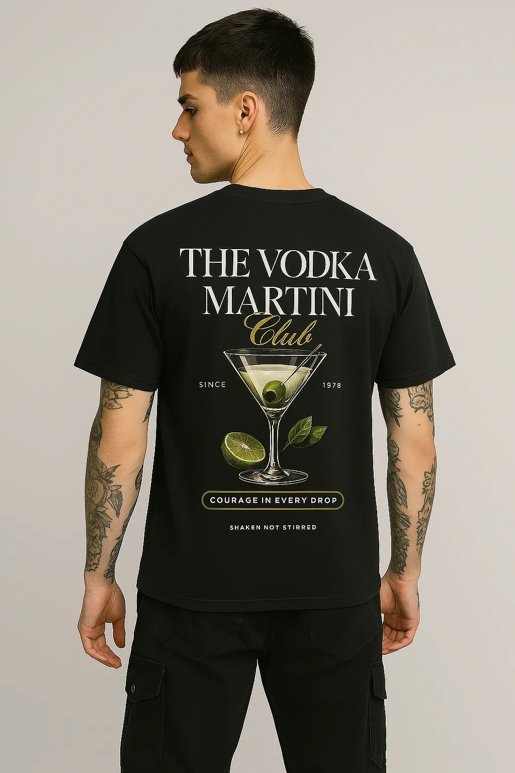 Empulse™ Vodka Martini Club Tee with backprint featuring limes and martini glass, worn by male model