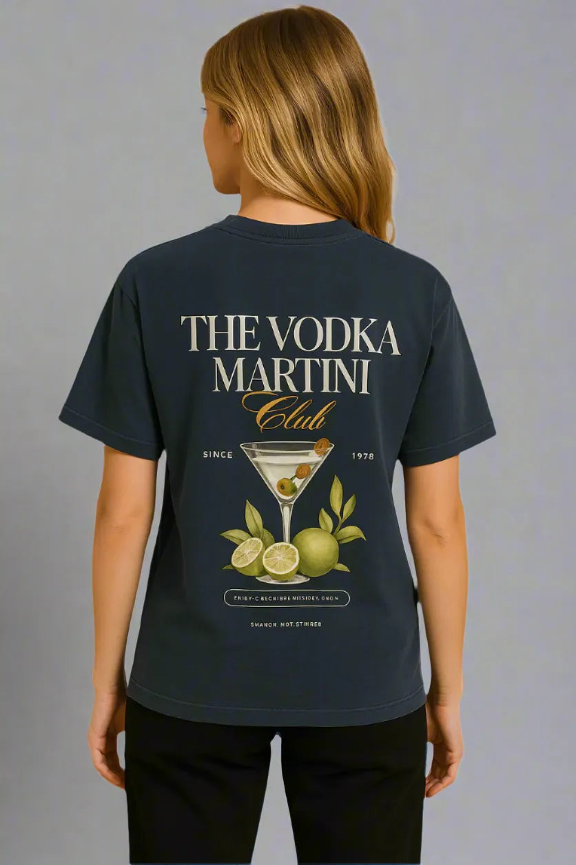Back view of Empulse™ Vodka Martini Sorona t-shirt styled by female model with long hair