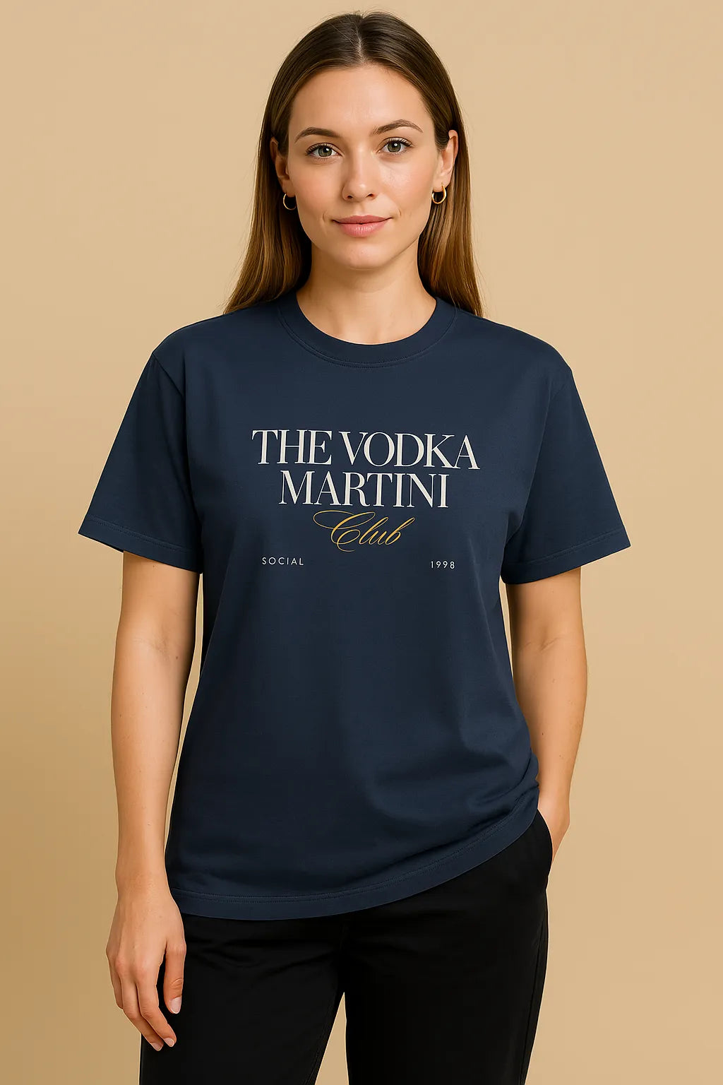 Empulse™ Vodka Martini Club Tee worn by female model smiling side-on in navy shirt
