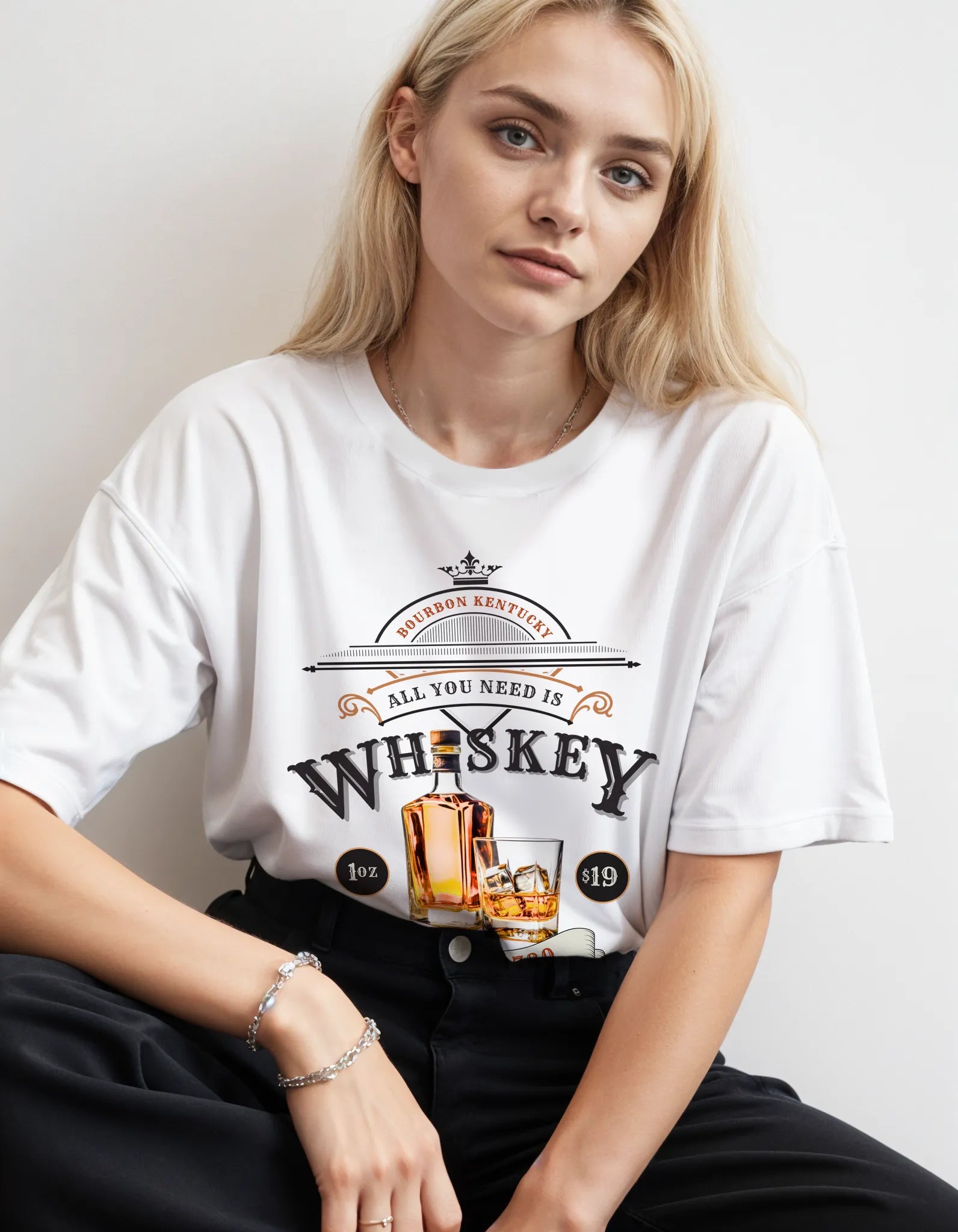Empulse™ Sorona Whiskey tee in white styled by female model seated in relaxed studio setup