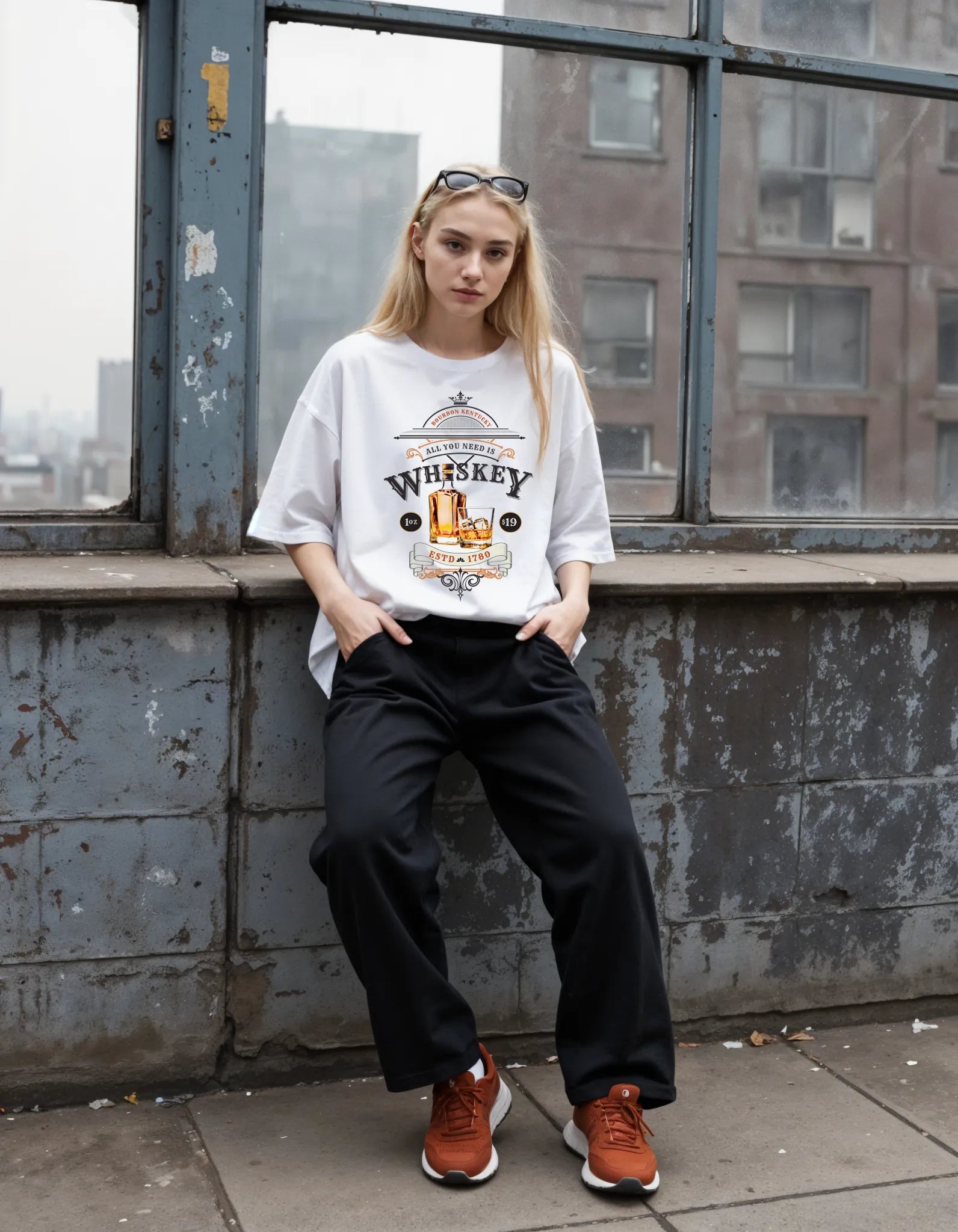 Empulse™ white Whiskey Label Sorona t-shirt worn in urban loft setting, paired with black pants