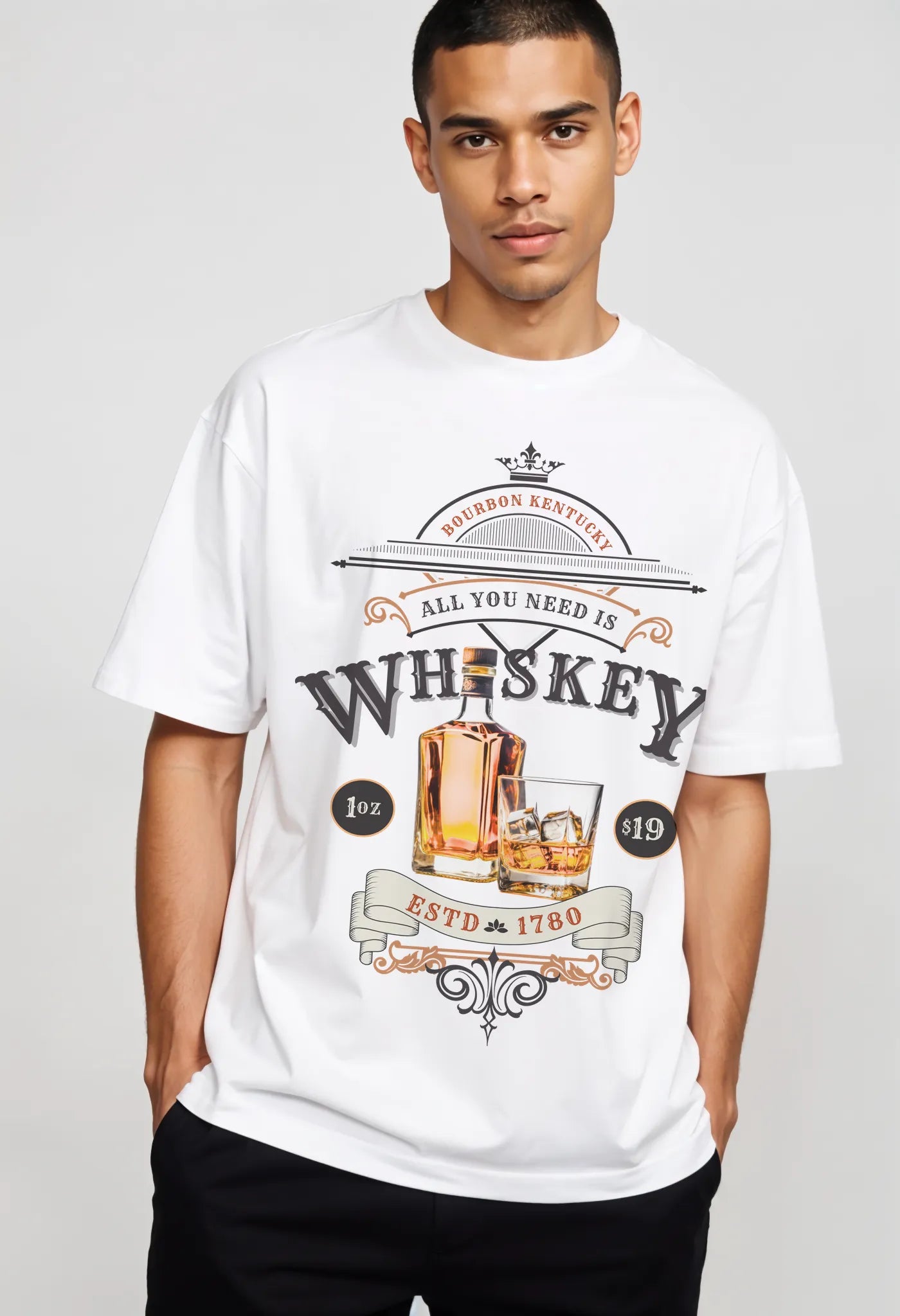 Empulse™ Whiskey Label t-shirt in white Sorona blend featuring vintage bottle print, styled by male model