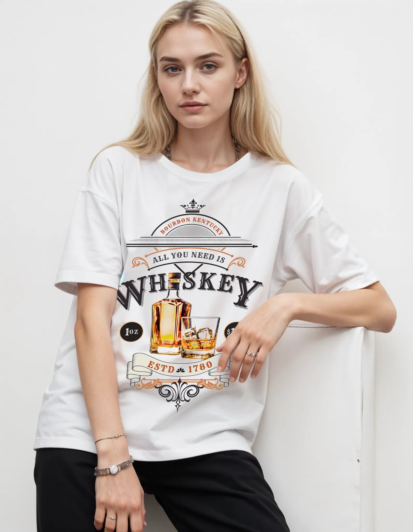 Empulse™ white Sorona tee with whiskey bottle artwork styled in side view by female model