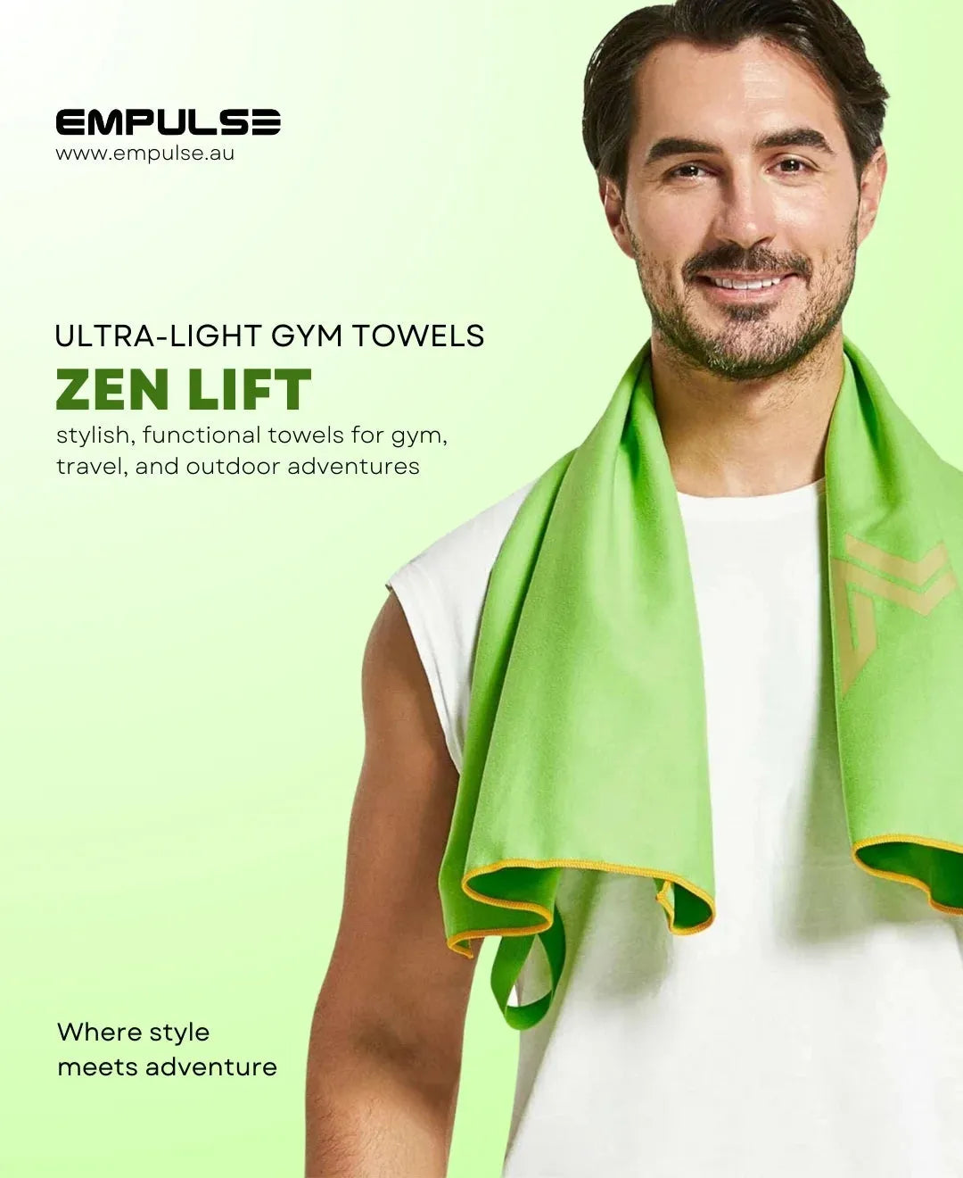 Empulse™ Zen Lift gym towel promo featuring model with bright green towel and clean branding
