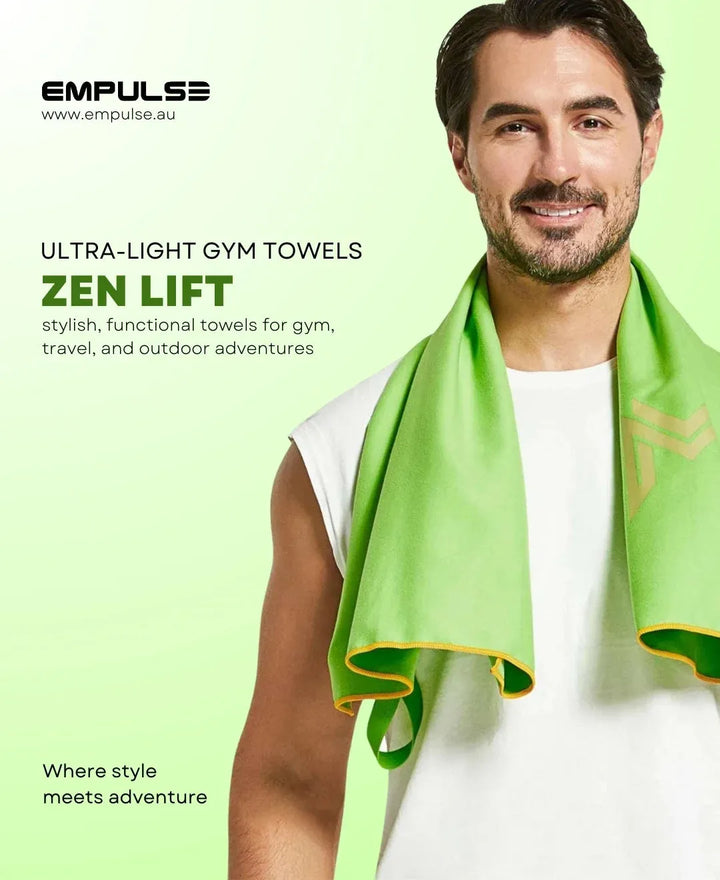 Empulse™ Zen Lift gym towel promo featuring model with bright green towel and clean branding