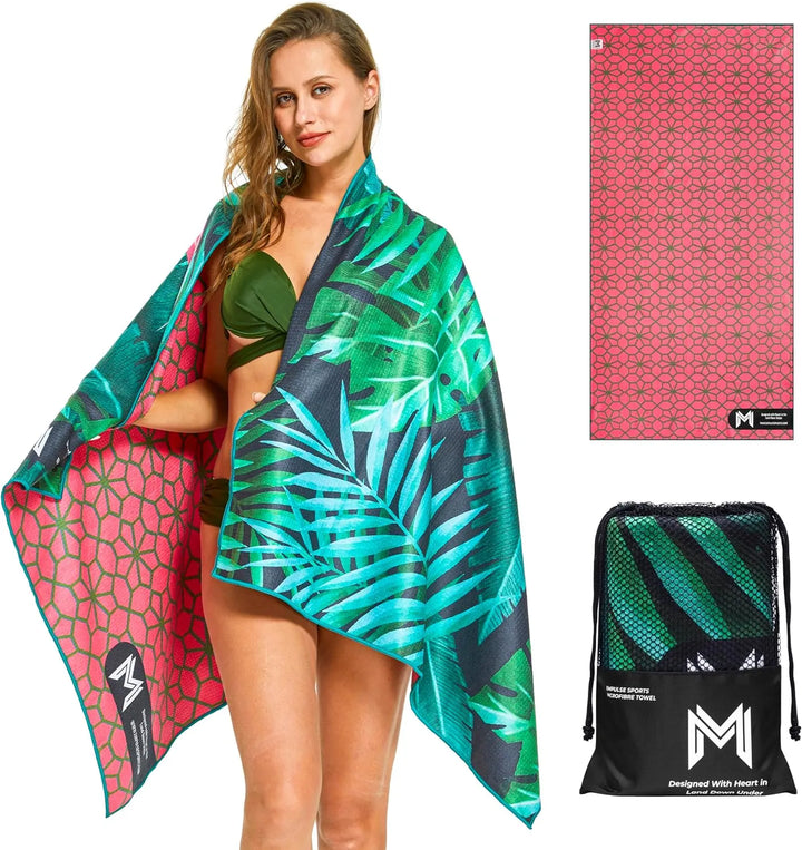 Model holding Empulse Flamingo Elegance towel wrapped around shoulders showing palm print