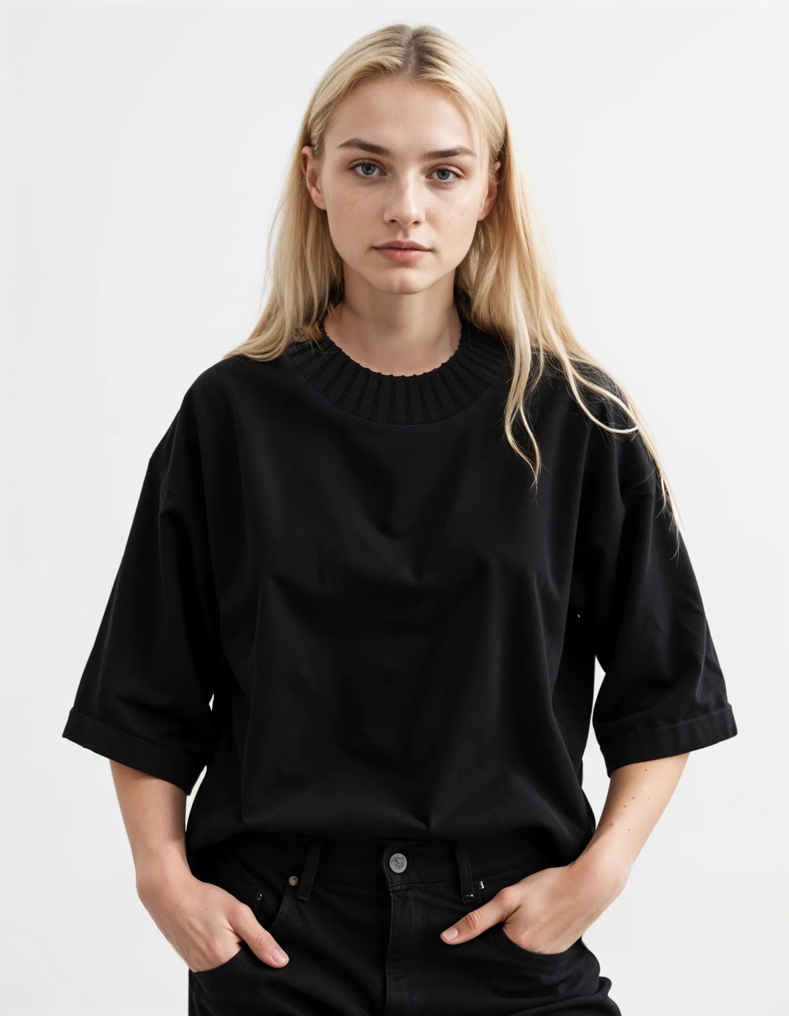Oversized Knitted Round Neck T-Shirt - Black