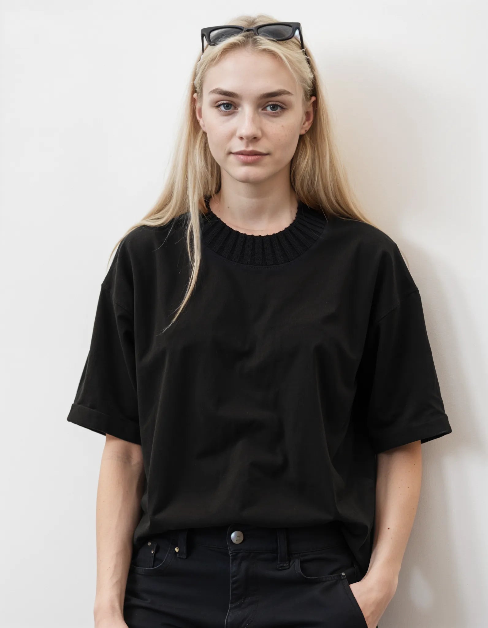 Oversized Knitted Round Neck T-Shirt - Black