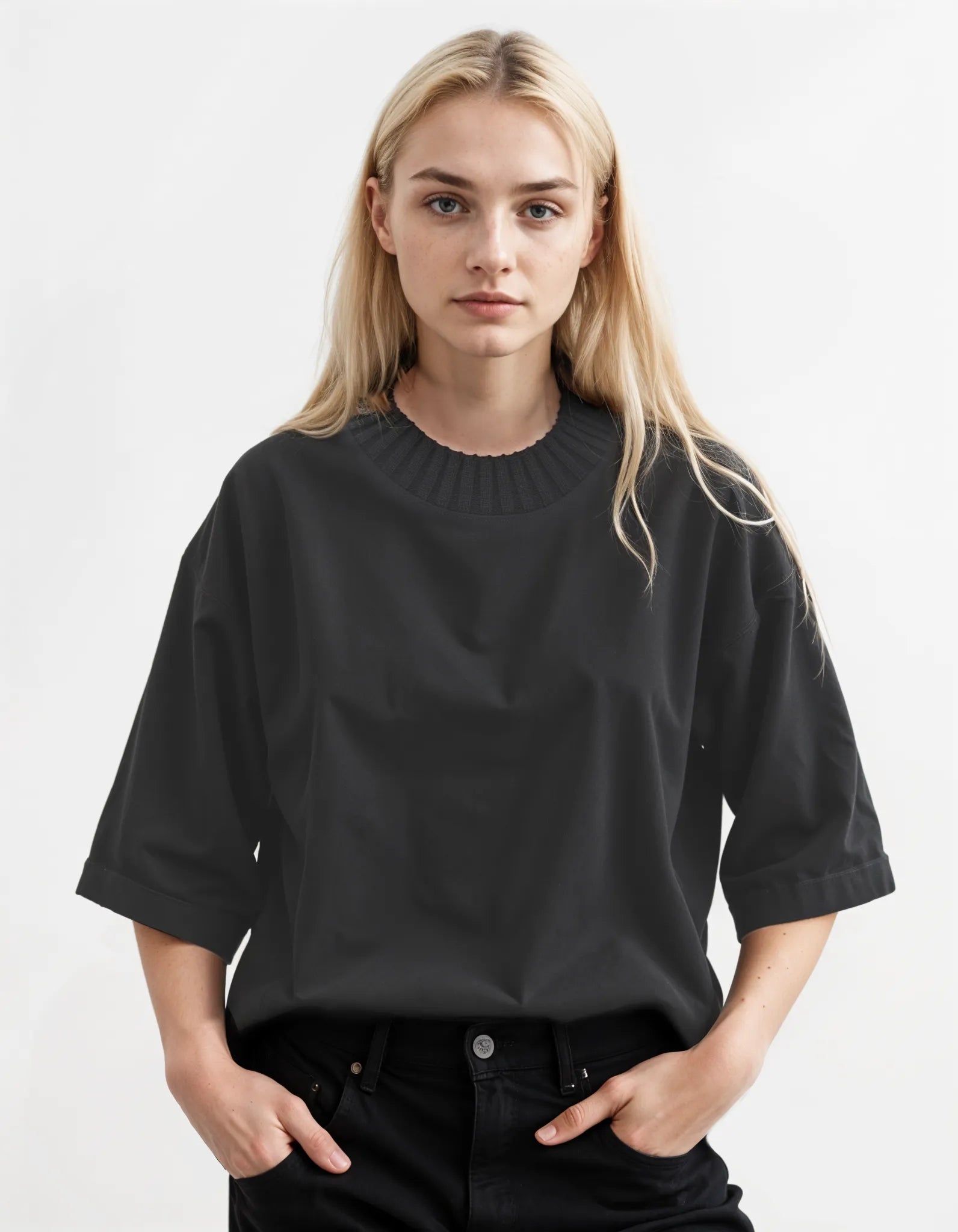 Knitted Ribbed Collar Tee - Grey