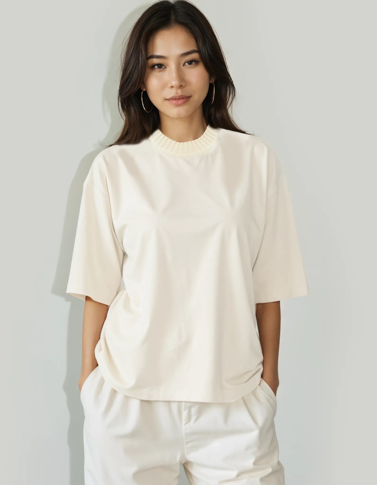 Oversized Knitted Round Neck T-Shirt - Beige