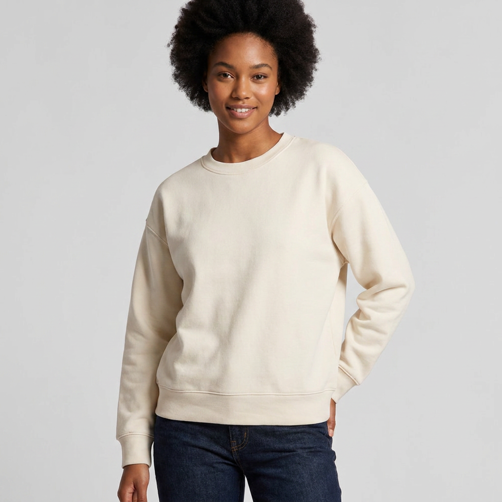 Custom Women's Relax Crew 4160 sweatshirt, on-model, front view, 320 GSM 80% cotton 20% recycled polyester fleece, Empulse custom branding