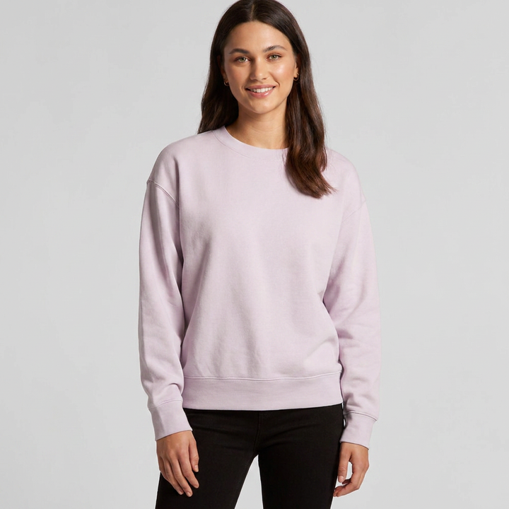 Custom Women's Relax Crew 4160 sweatshirt, on-model, front view, 320 GSM 80% cotton 20% recycled polyester fleece, Empulse custom branding
