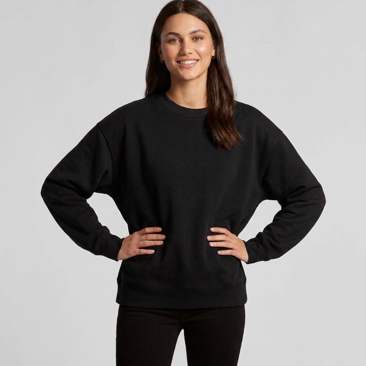 Custom Women's Relax Crew 4160 sweatshirt, on-model, front view, 320 GSM 80% cotton 20% recycled polyester fleece, Empulse custom branding