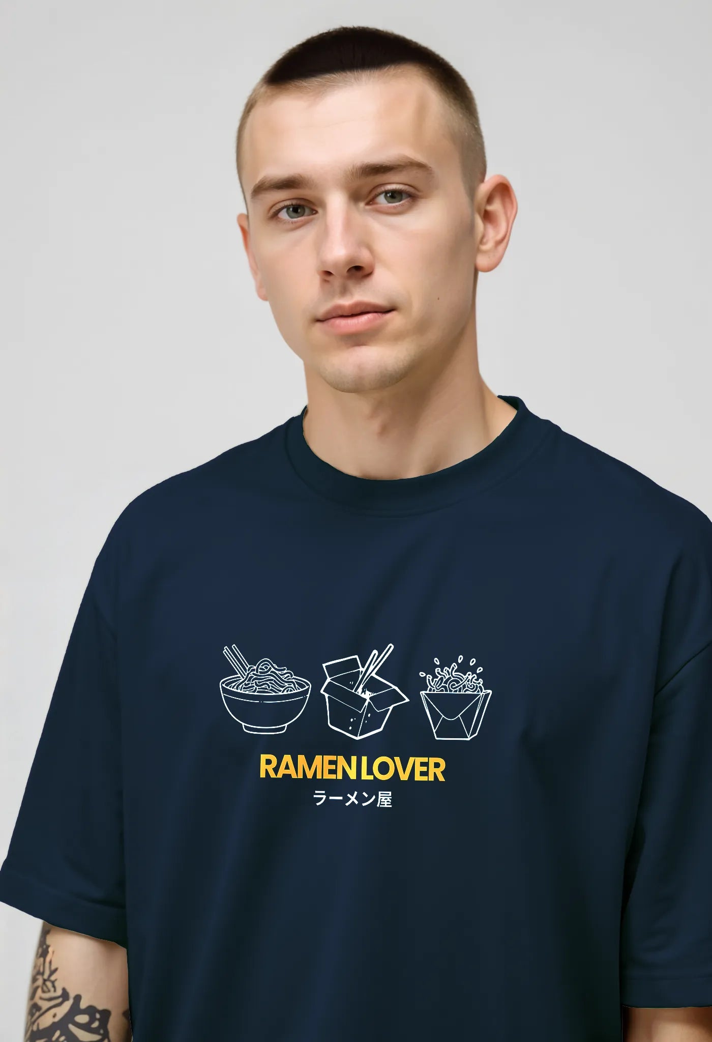 Empulse™ navy Sorona t-shirt featuring ramen bowl chest graphic worn by male model
