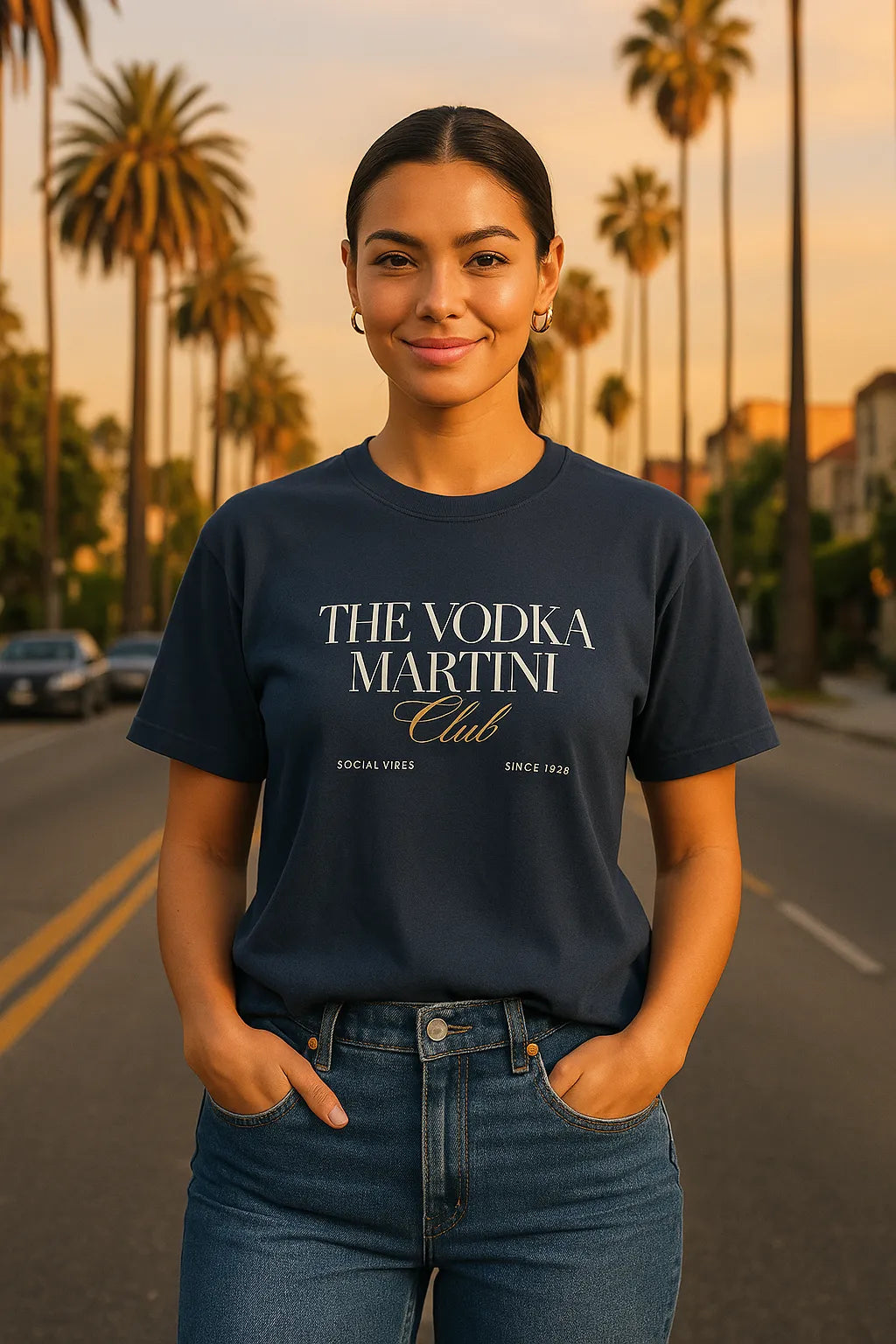 Empulse™ Vodka Martini t-shirt made with Sorona, styled by female model front-facing smiling