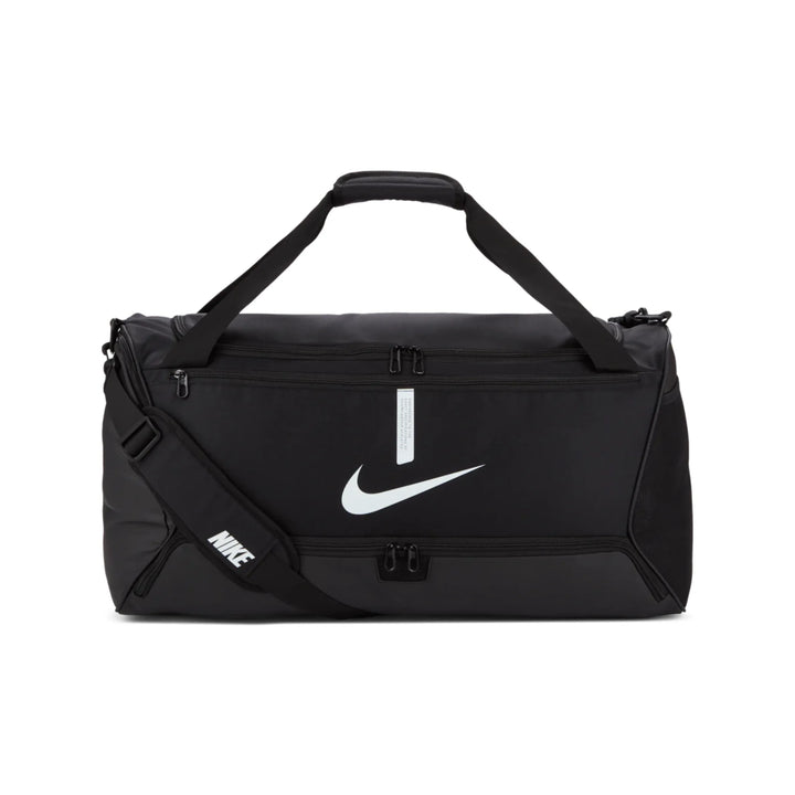 Front view of black Nike Brasilia Medium Duffel Bag with handles and swoosh logo