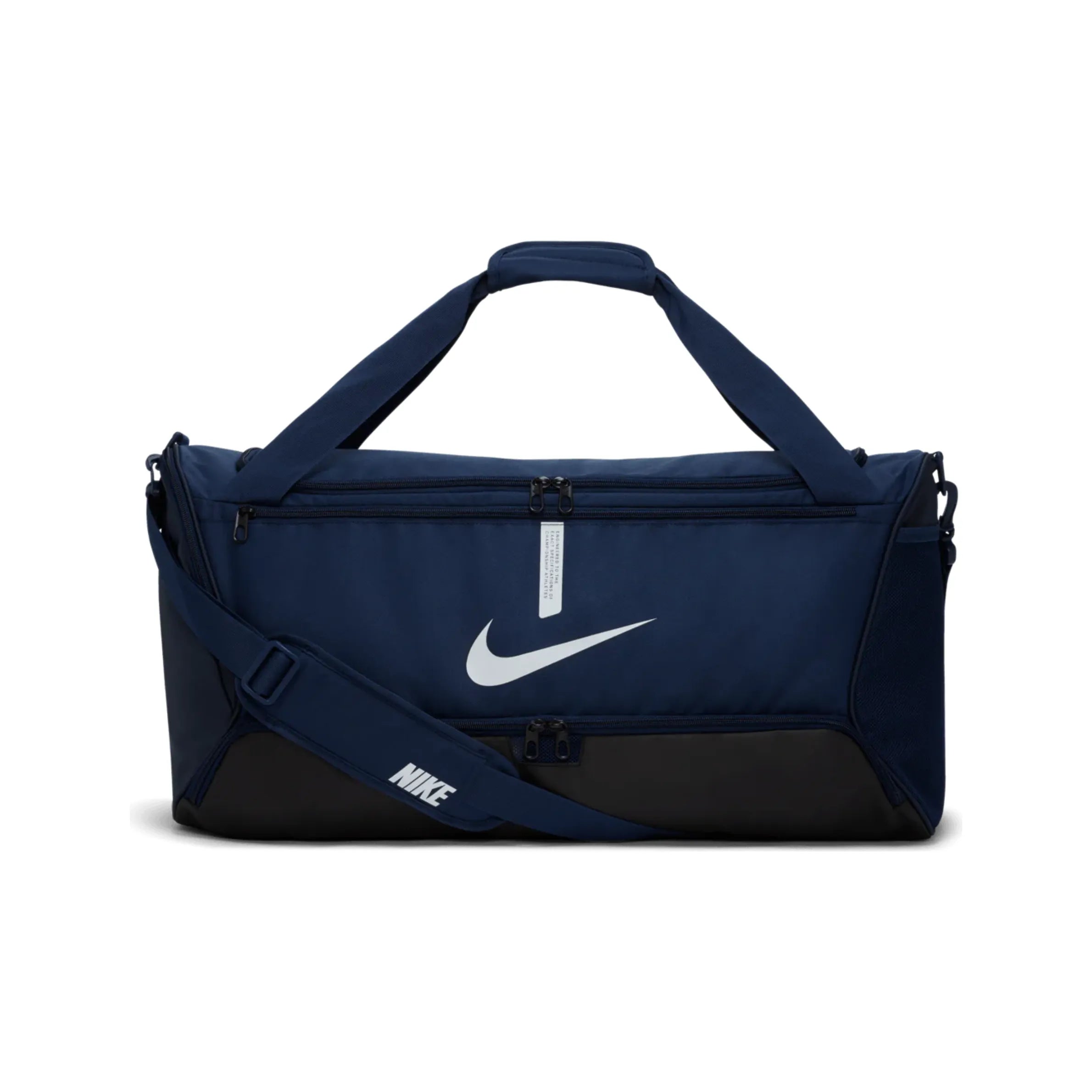 Front view of Nike Brasilia Medium Training Duffel Bag in navy with white swoosh logo