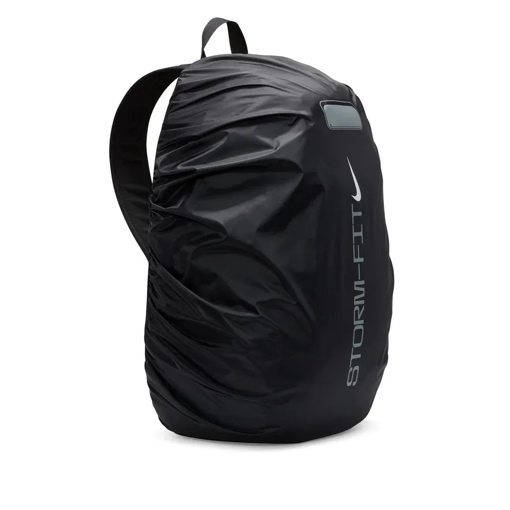 Side angle of black Nike Academy Team Backpack 30L with visible zippers