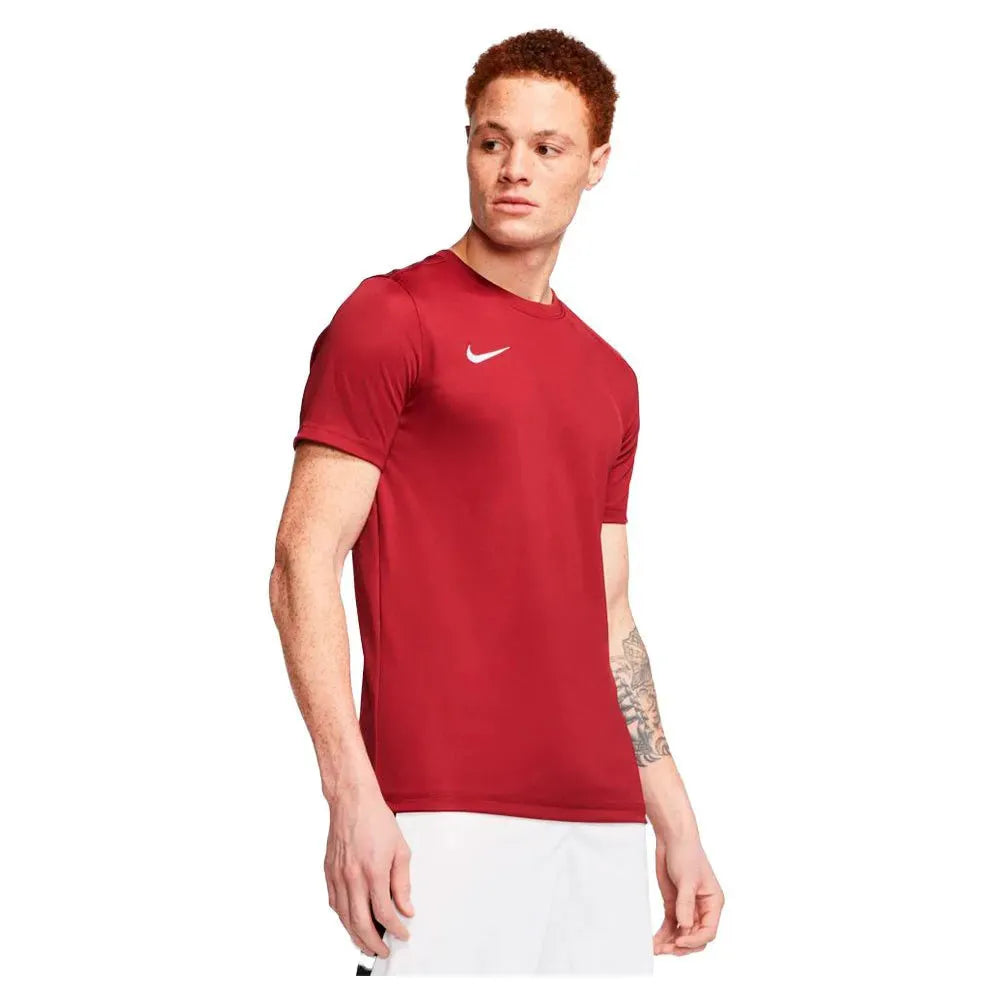 Side angle view of Nike Men's Park 7 Jersey in red showing sleeve and shoulder fit