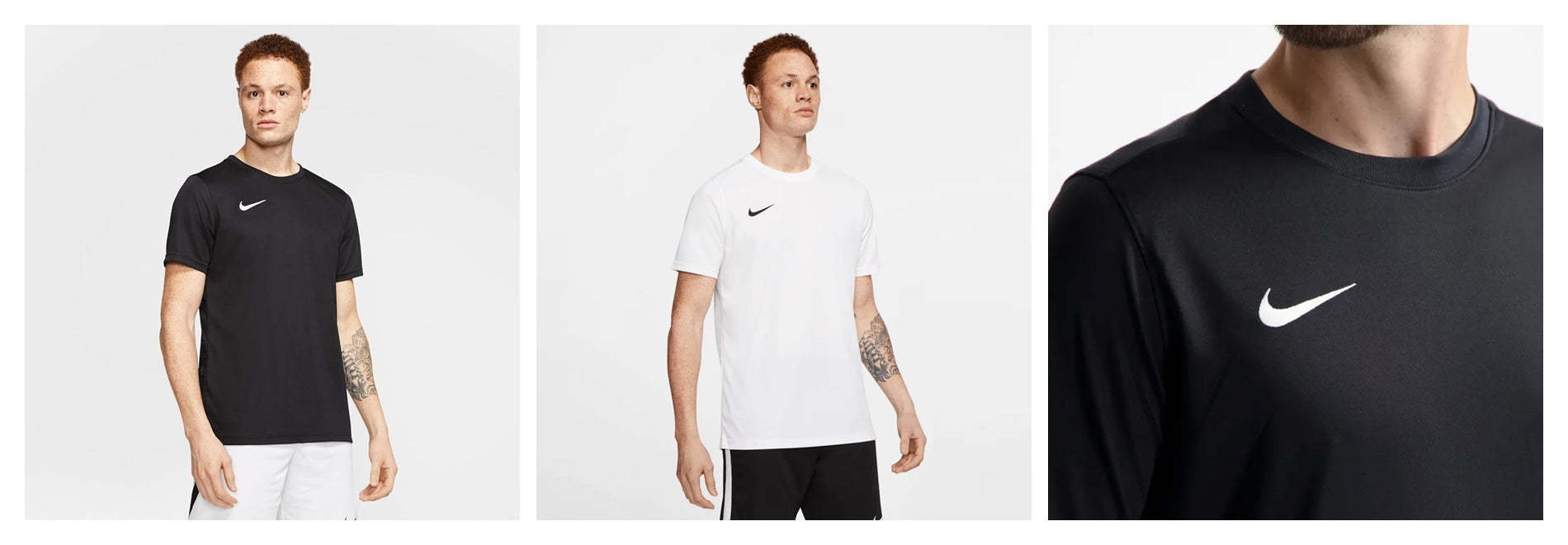 Nike Men's Park 7 Jerseys in black and white shown on model and close up with white Nike swoosh logo