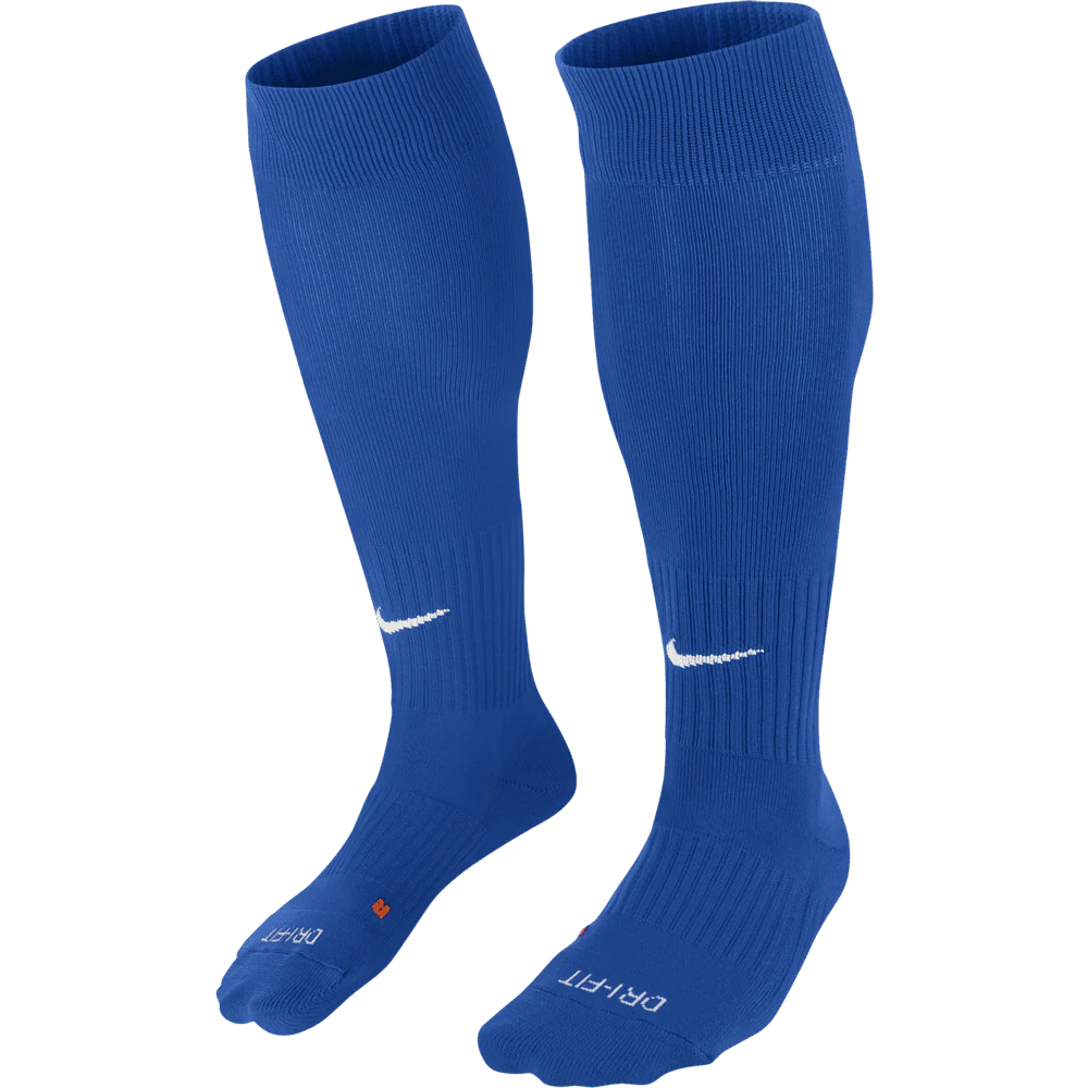 Pair of royal blue knee-high socks with a brand logo on a white background