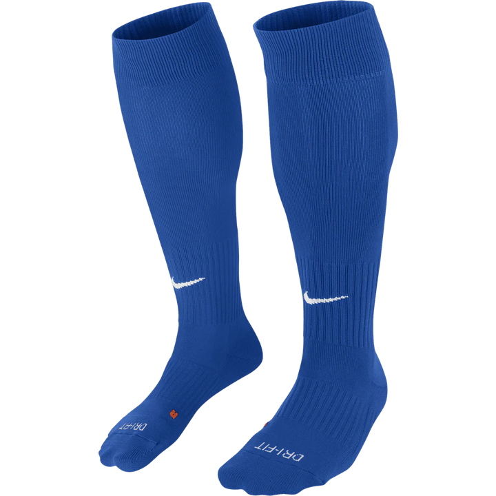 Pair of royal blue knee-high socks with a brand logo on a white background