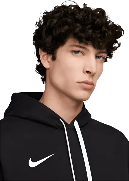Front portrait of male model wearing Nike Park 20 Hoodie black CW6894-010 with white drawcord