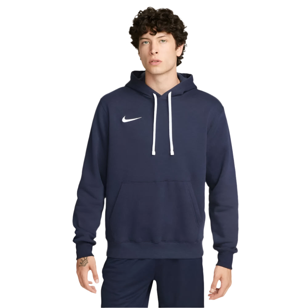 Person wearing a navy blue Nike hoodie on a white background