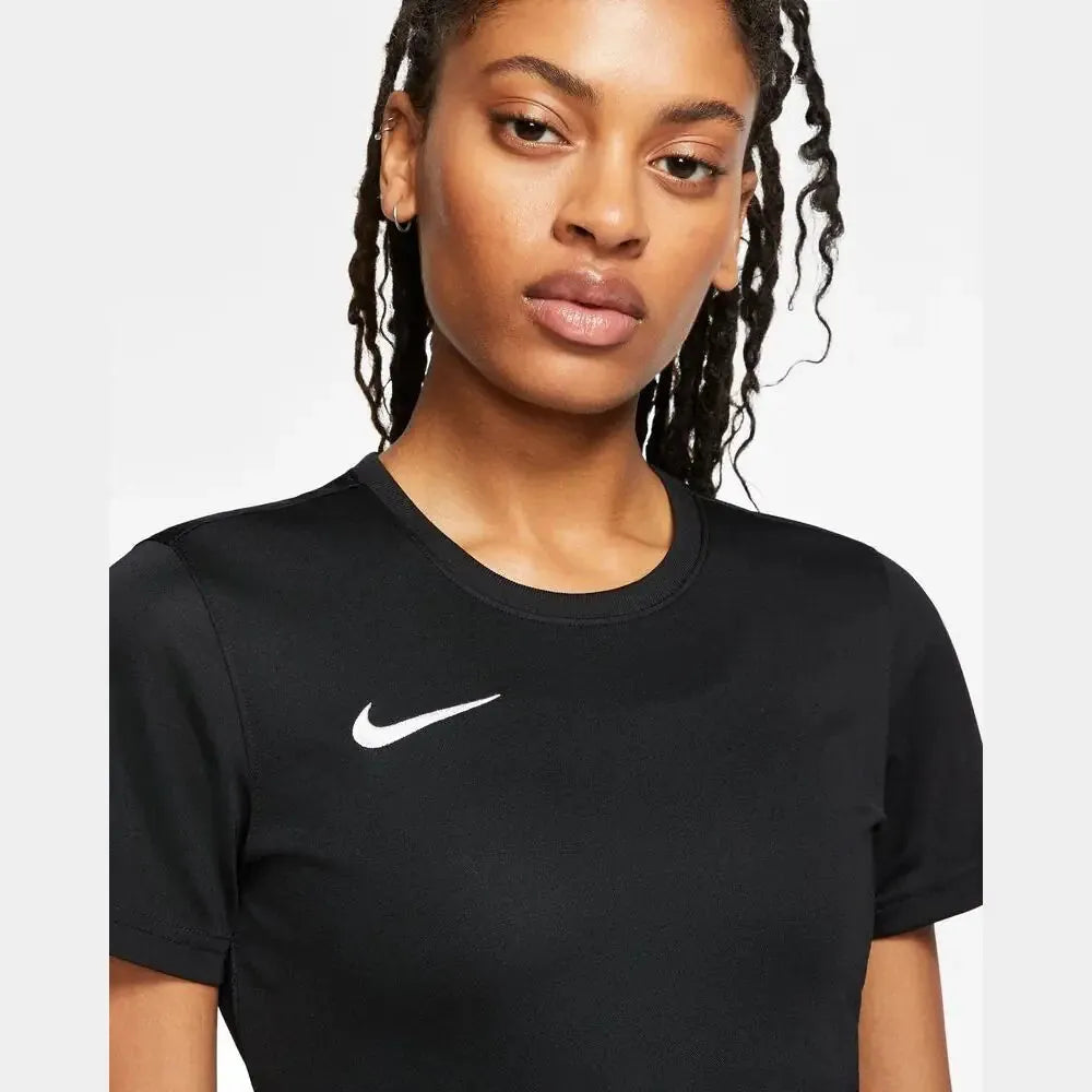 Close-up of Nike Women's Park 7 Jersey in black featuring swoosh logo detail