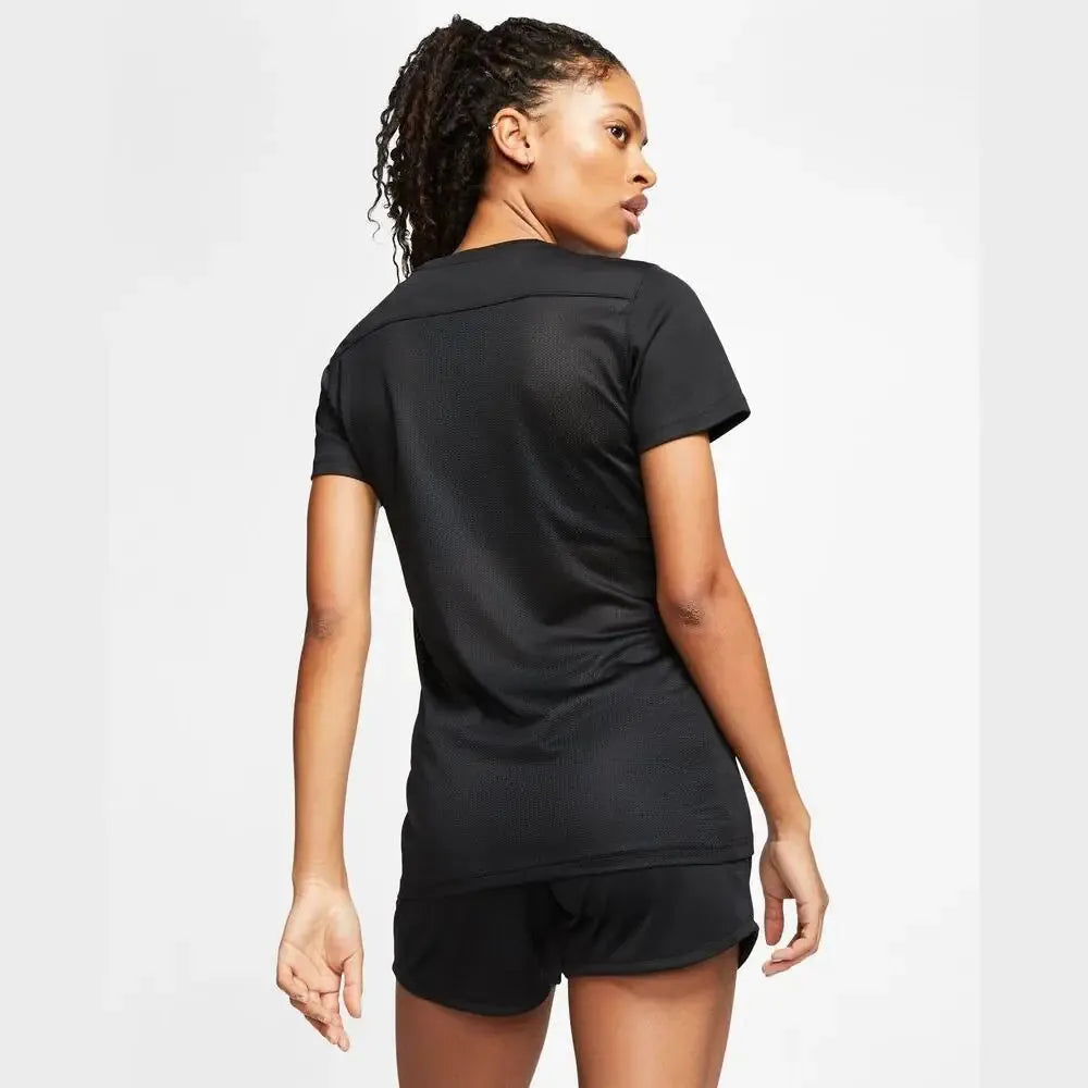 Model wearing Nike Women's Park 7 Jersey in black showing athletic fit from the back