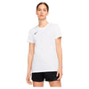 Full-body view of model wearing Nike Women's Park 7 Jersey in white with black shorts