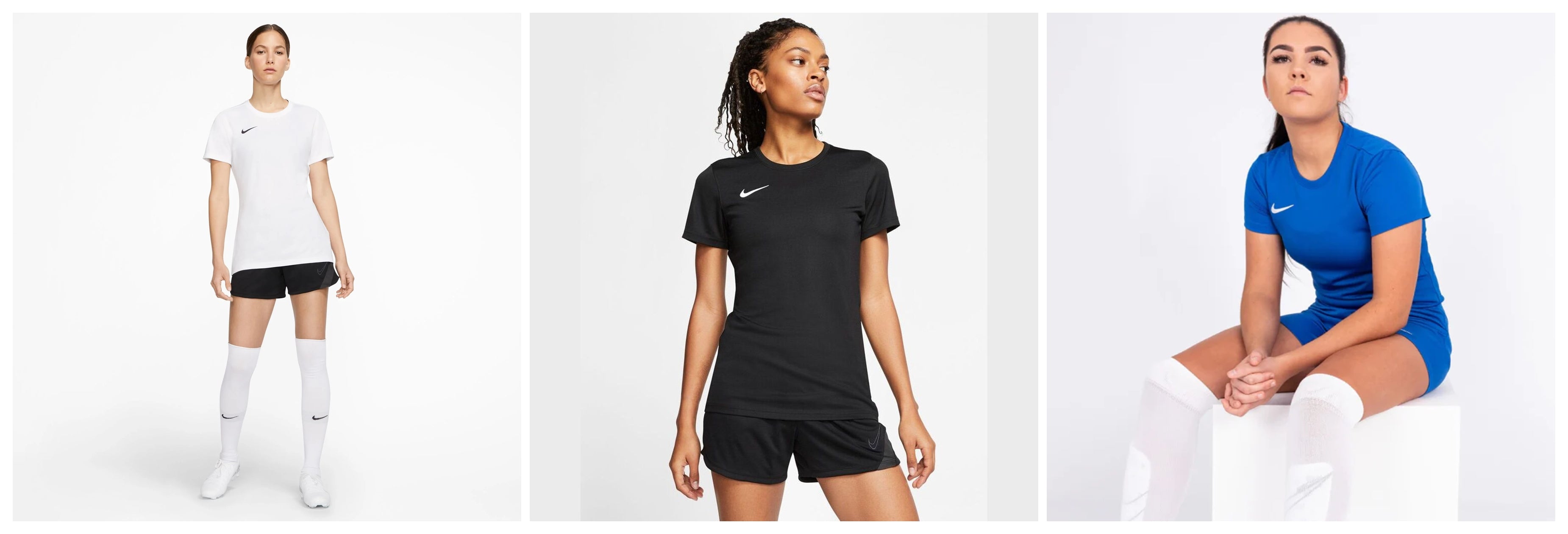 Nike Women's Park 7 Jerseys in white black and blue shown on models styled with shorts and over the calf socks