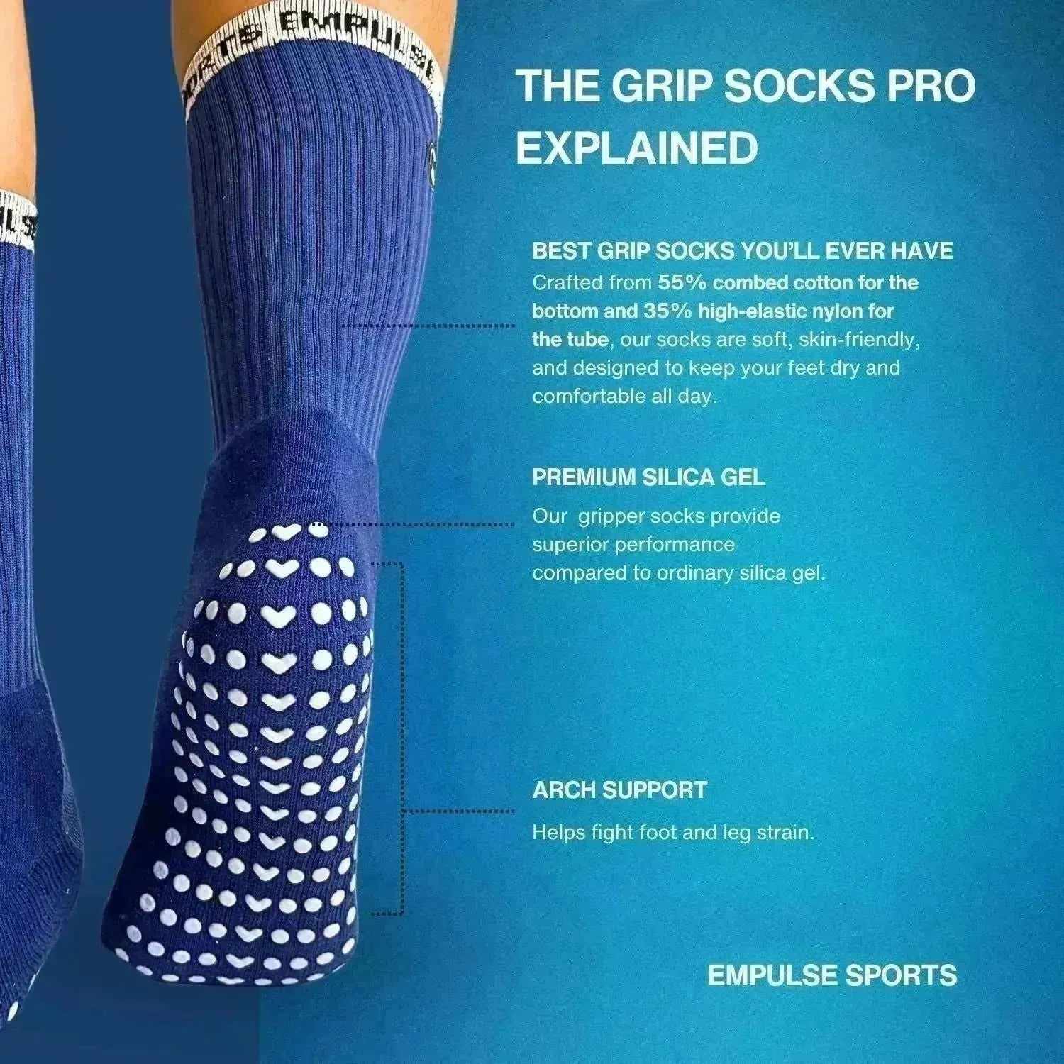 Empulse™ Grip Socks Pro Blue Closeup On Foot