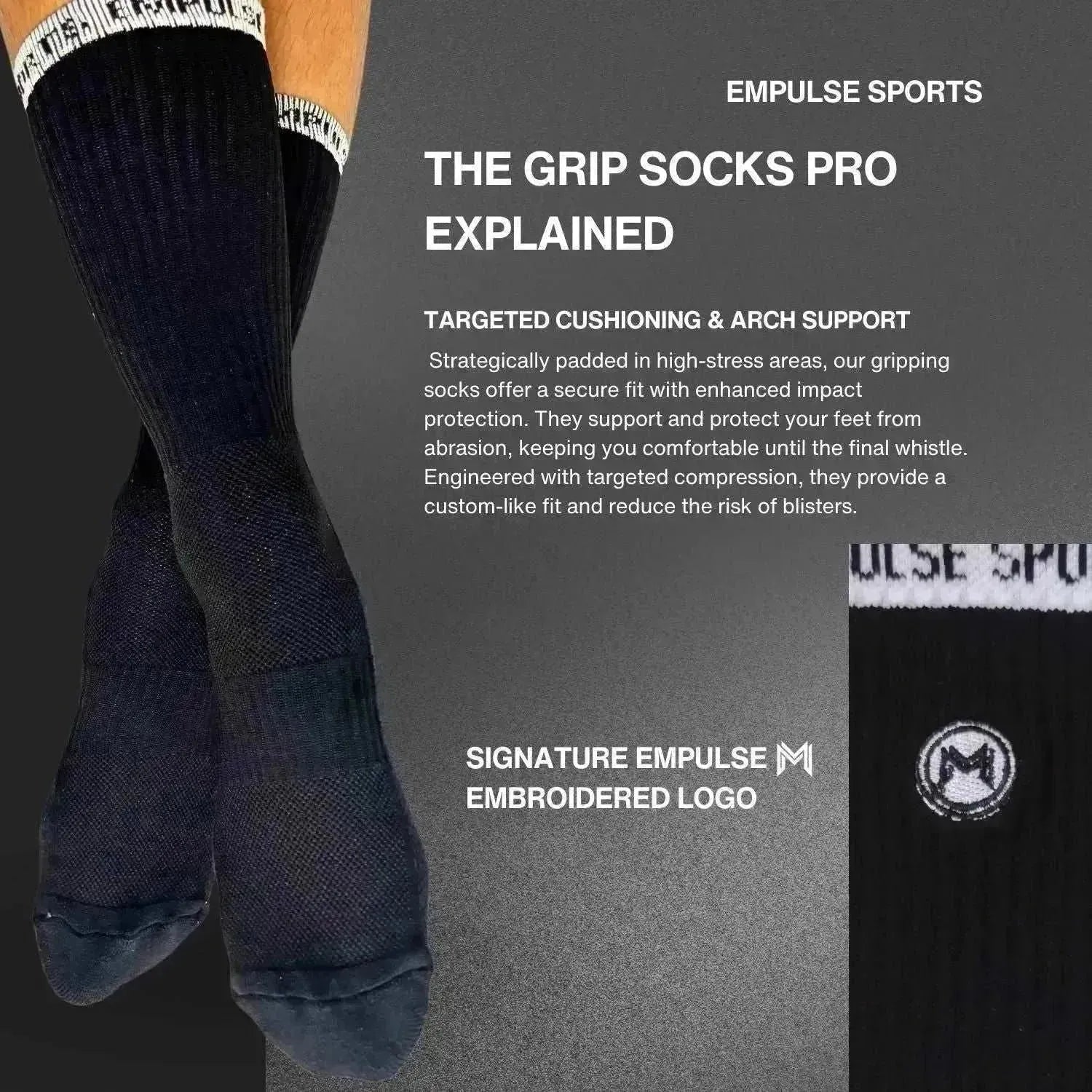 Black compression socks benefit slide highlighting fit grip power airflow and support zones
