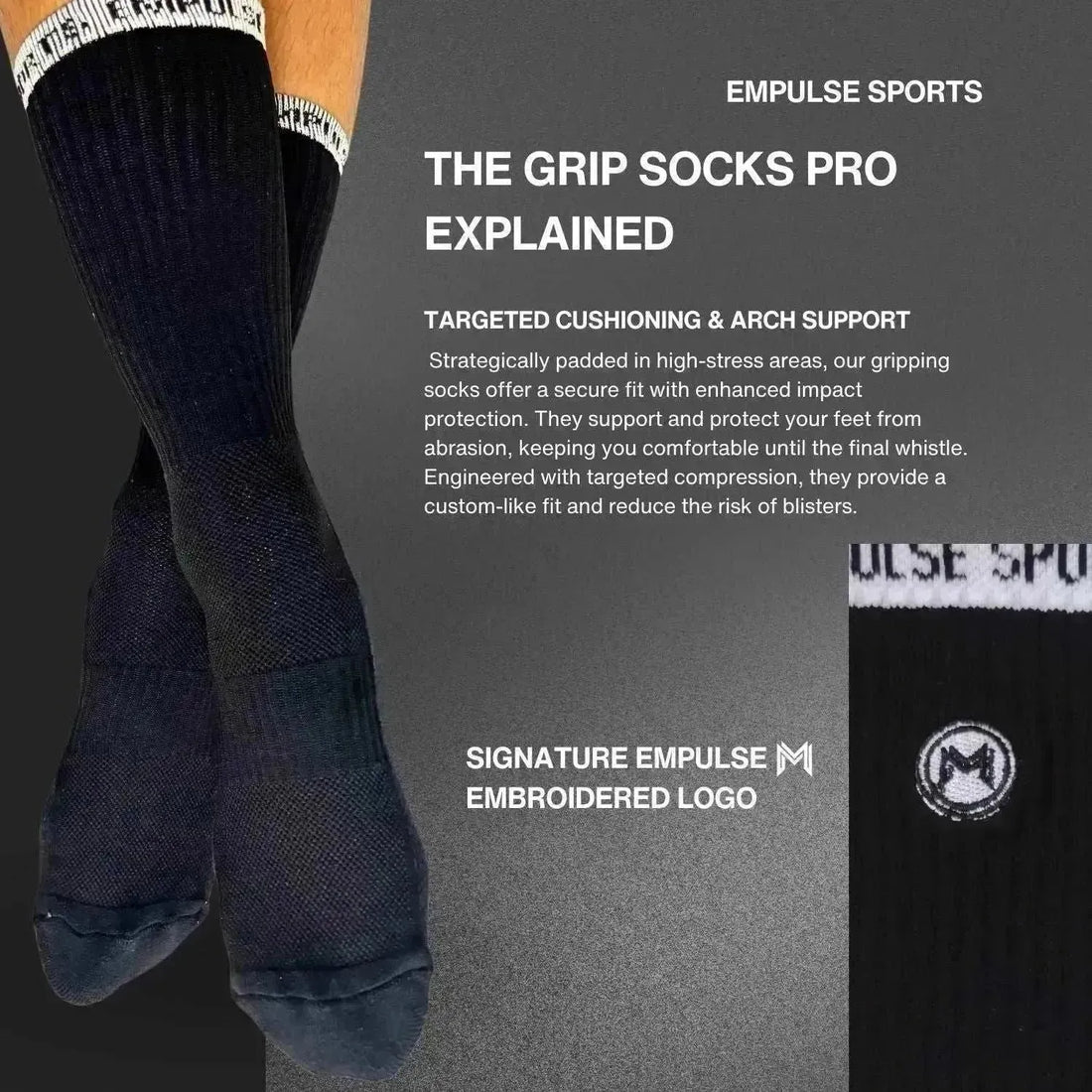 Black compression socks benefit slide highlighting fit grip power airflow and support zones