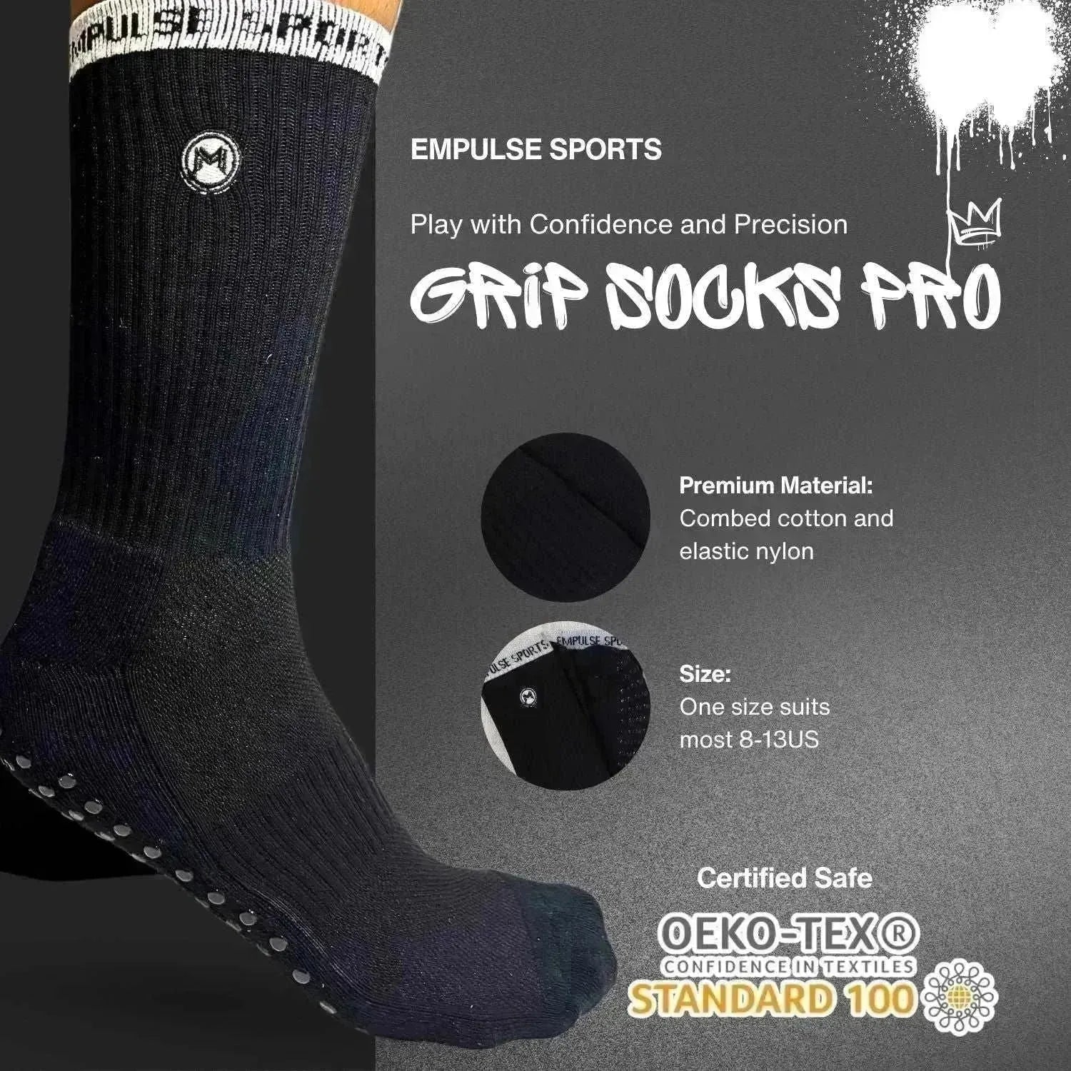 Side view of SportsGrip Pro black socks with feature callouts and labelled compression zones
